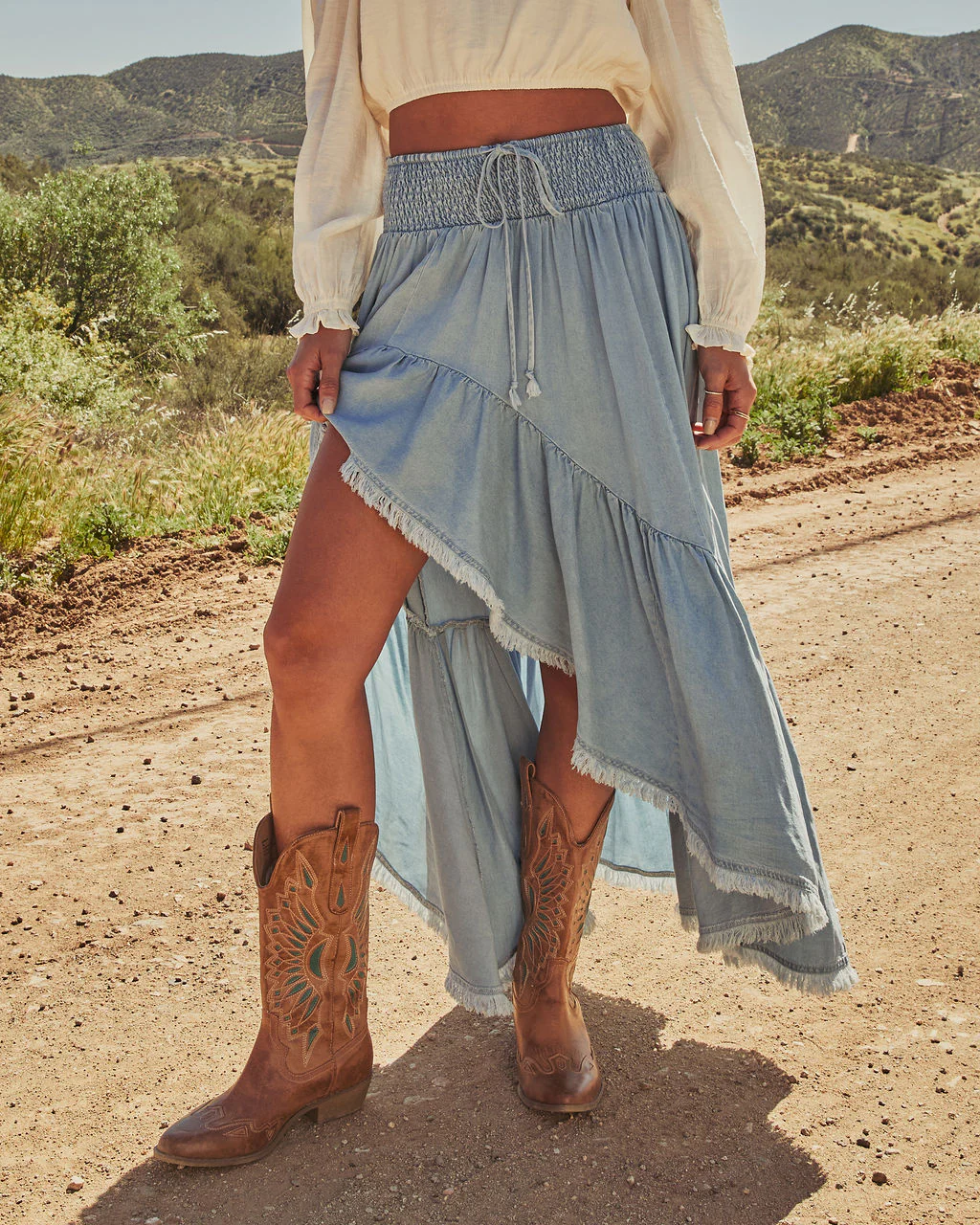 Prairie Rebel Frayed High Low Denim Maxi Skirt