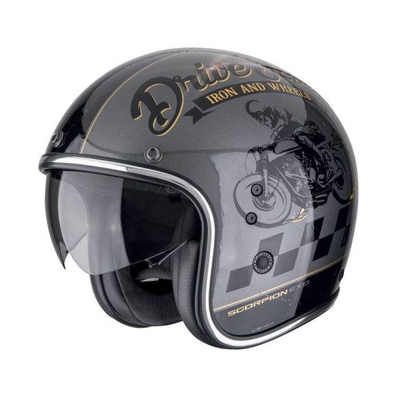 Scorpion Exo BELFAST EVO Jet Helmet - DRIVE FAST - Grey / BlackRef: SC1164