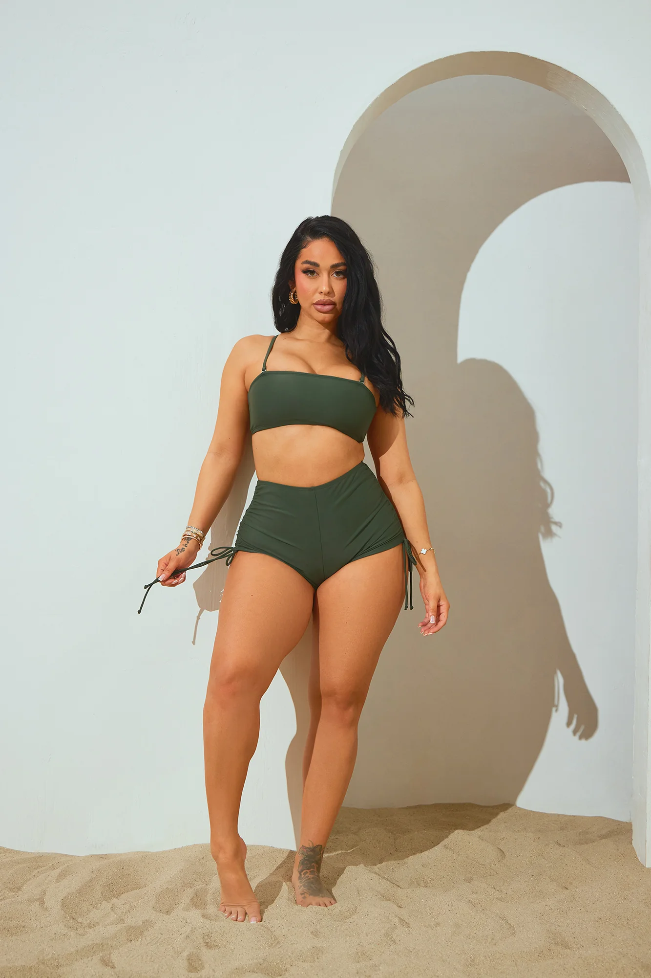 Maui Mix And Match Ruched Side Short Bikini Bottom - Olive