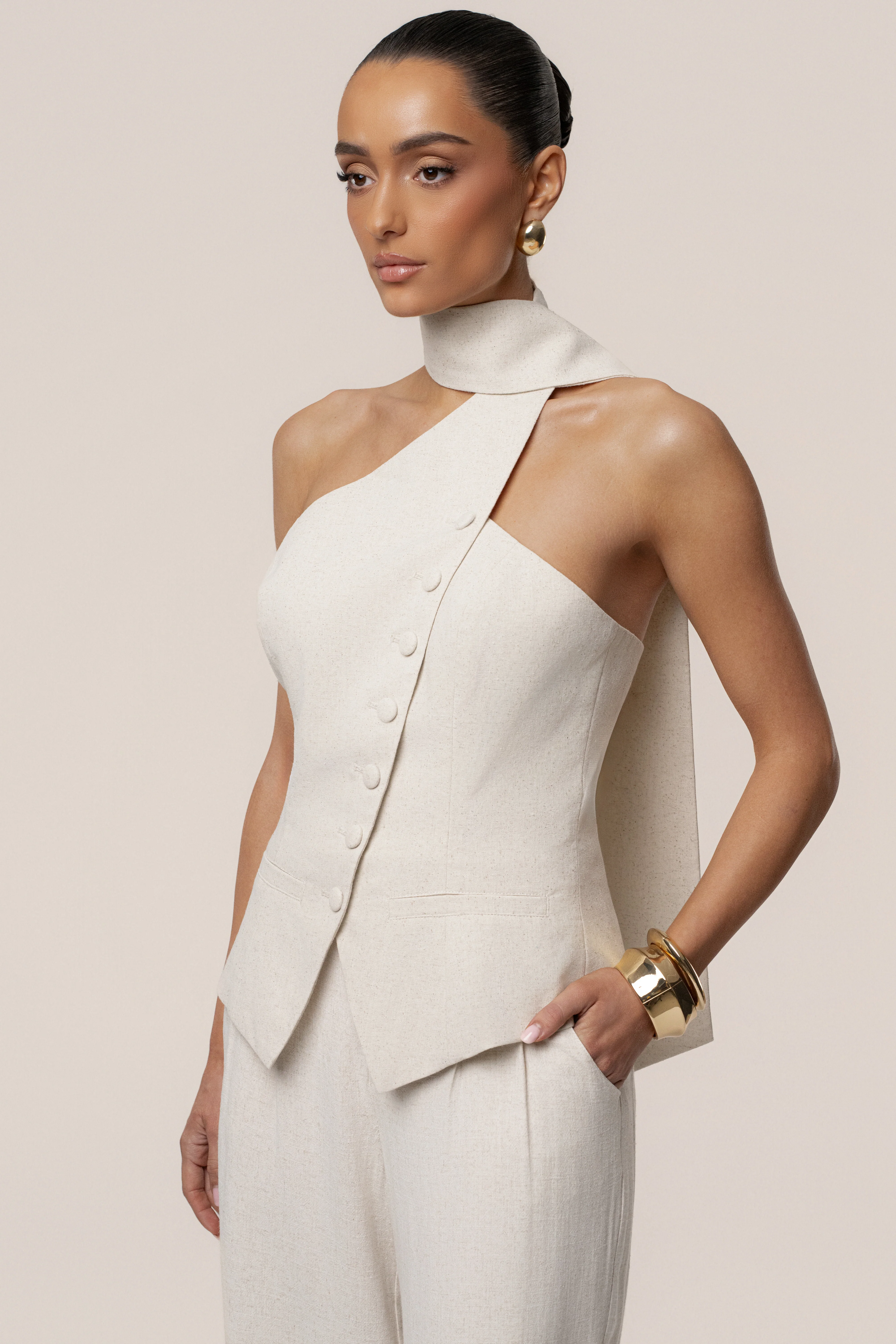 Oatmeal Asymmetric Scarf Top