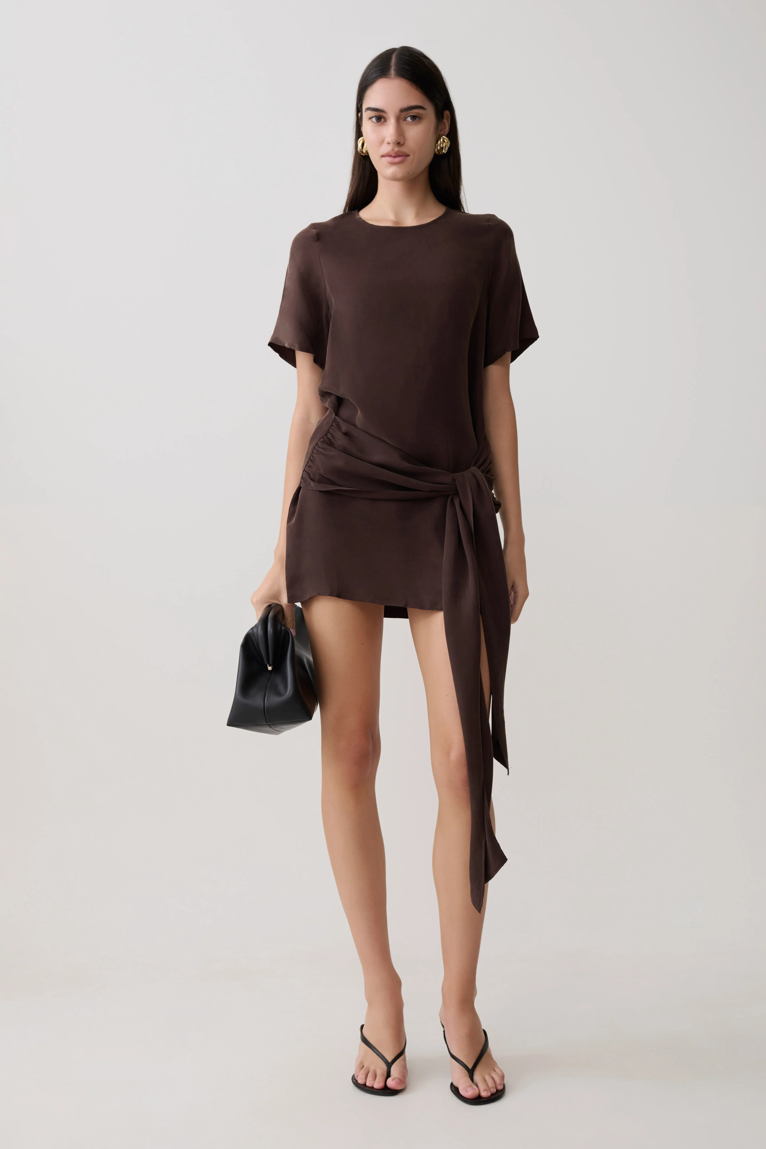 Felicity Short Sleeve Dress With Waist Tie - Dark Chocolate