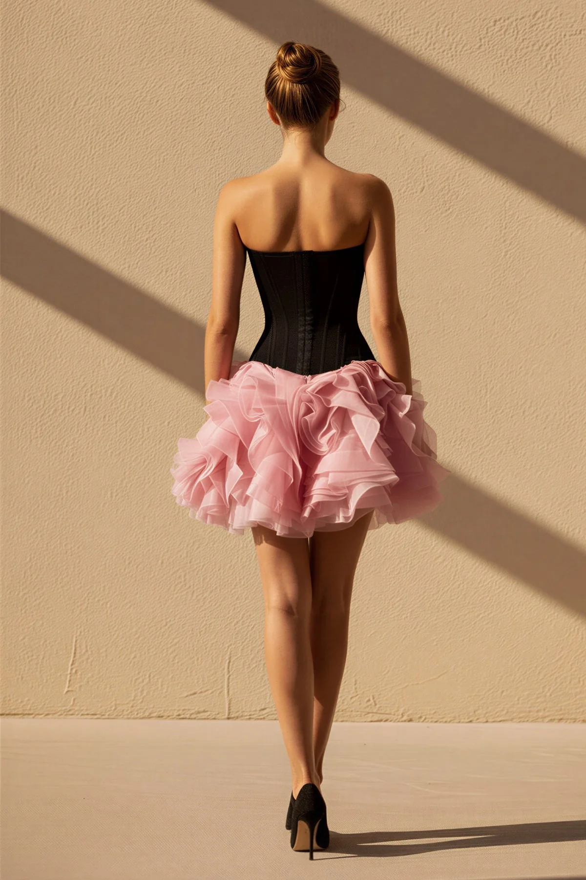 Strapless Ruffled Mini Dress in Black and Pink