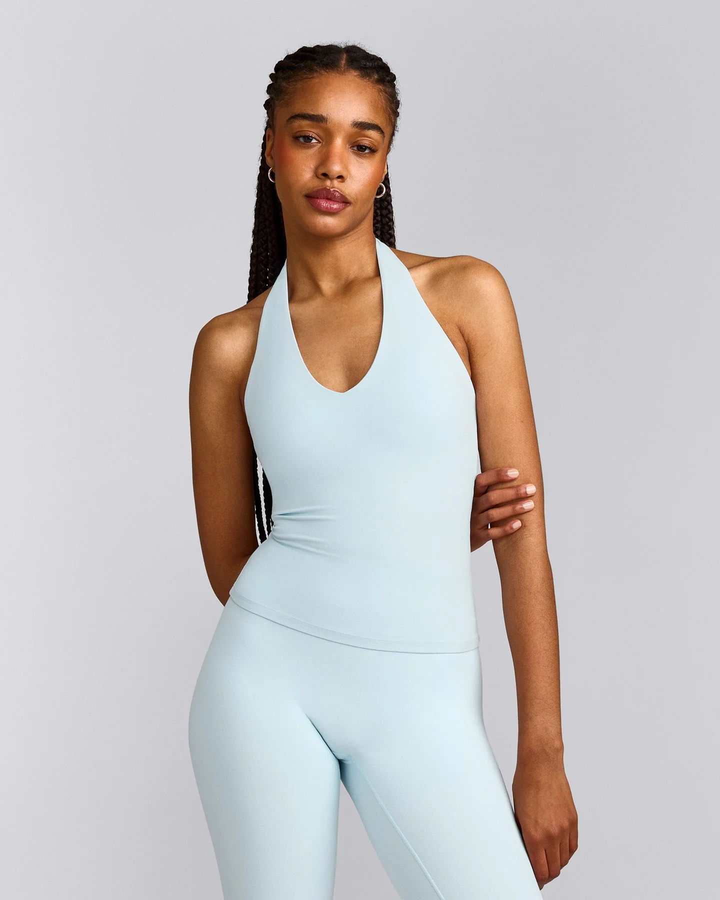 SoftMotion™ Halter Neck Vest with Built in Bra Shelf with Grey Logo | Cloud Blue