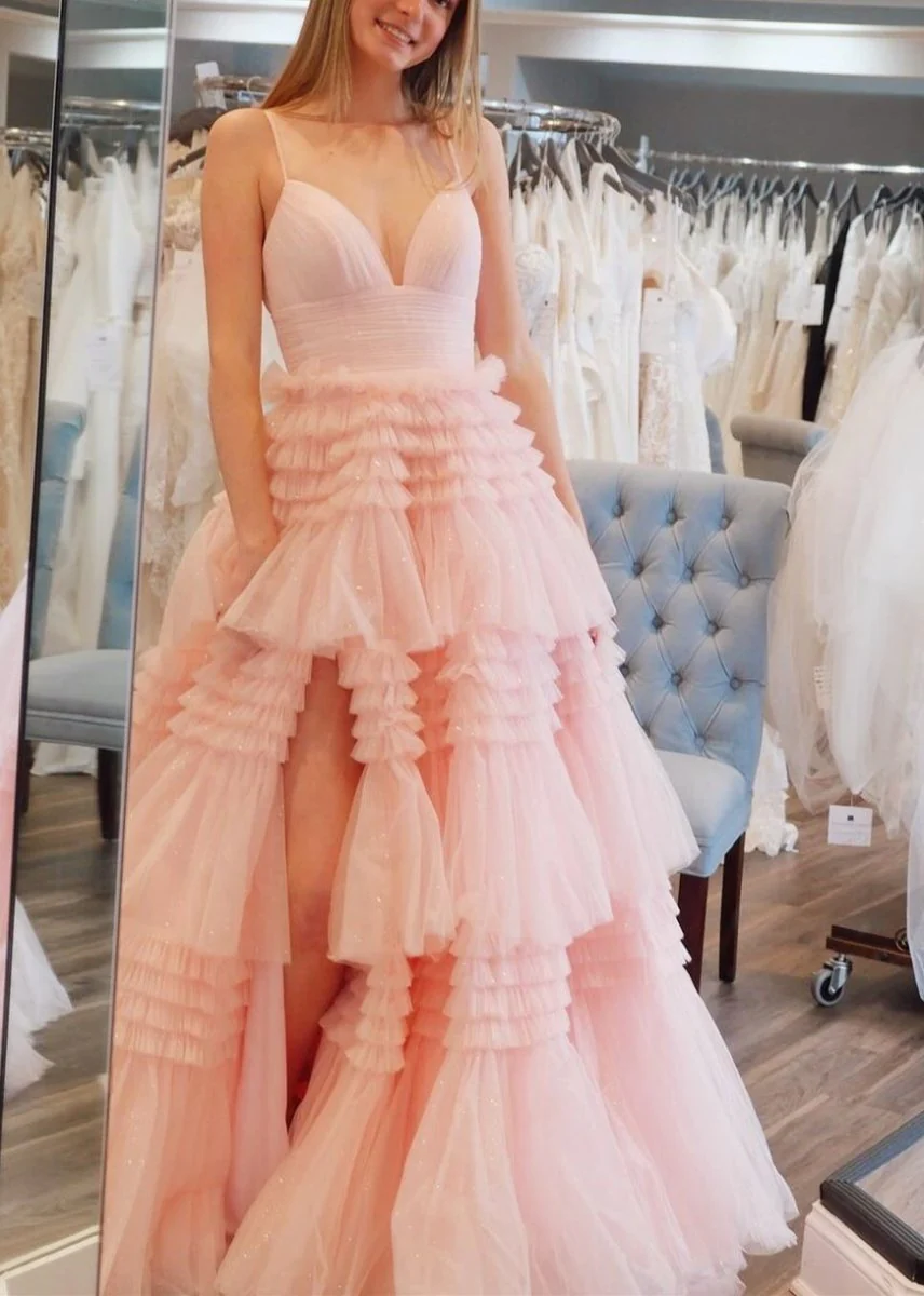 Amanda| A-Line Spaghetti Straps Long Tiered Tulle Prom Dress With Split