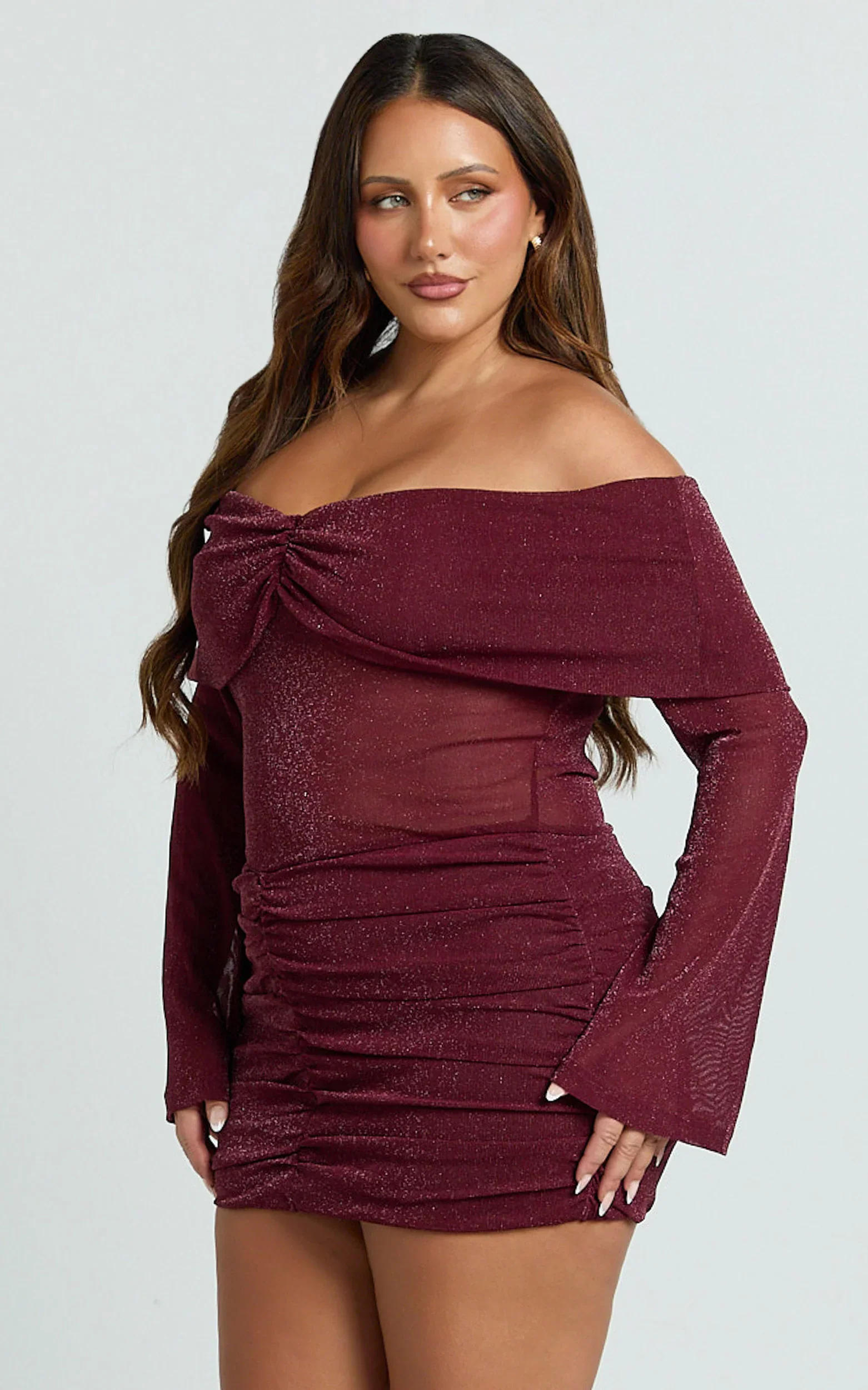 Rumi Mini Dress - Glitter Tulle Off Shoulder Ruched Dress in Wine