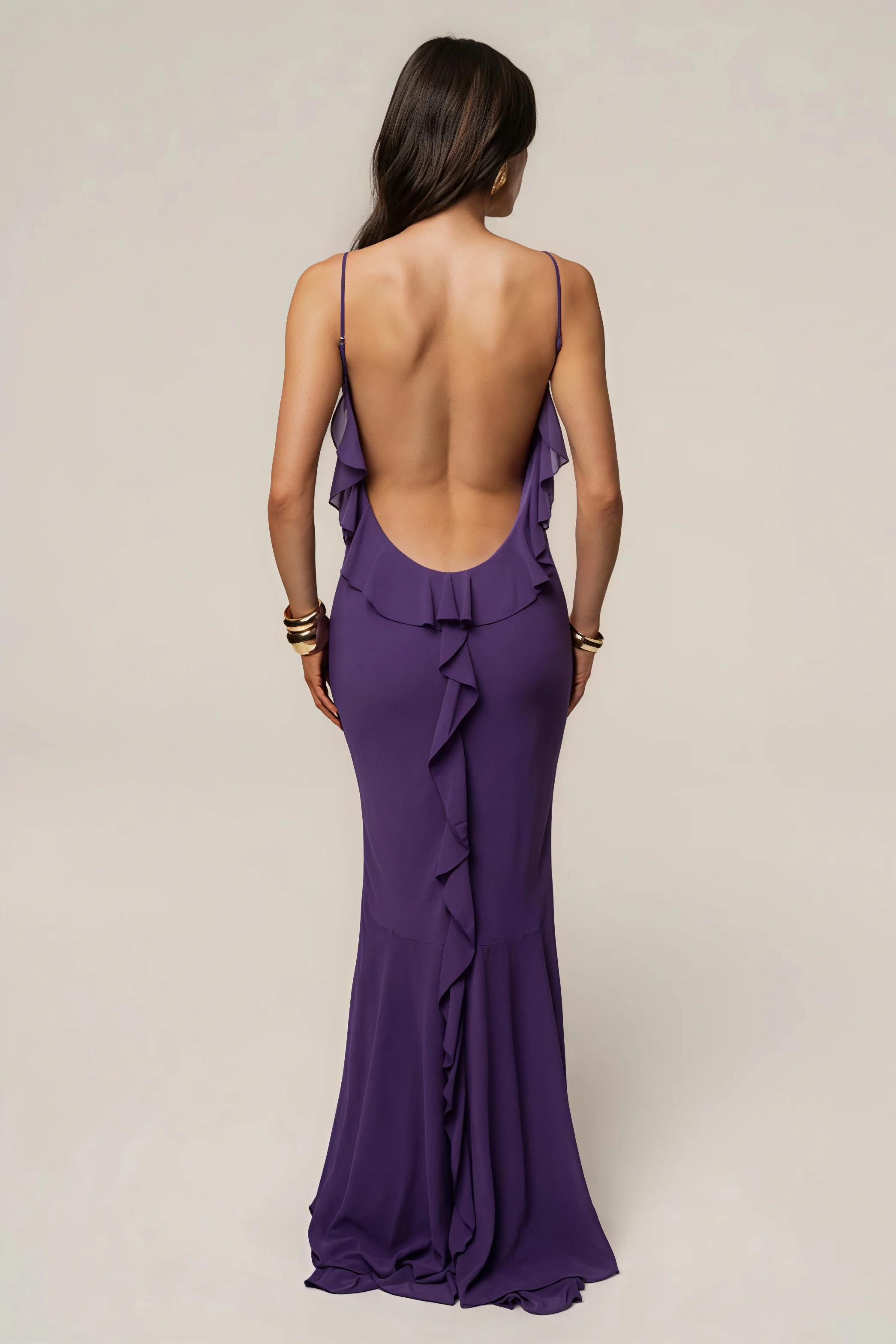 Elegant Open Back Ruffle Panel Maxi Dress