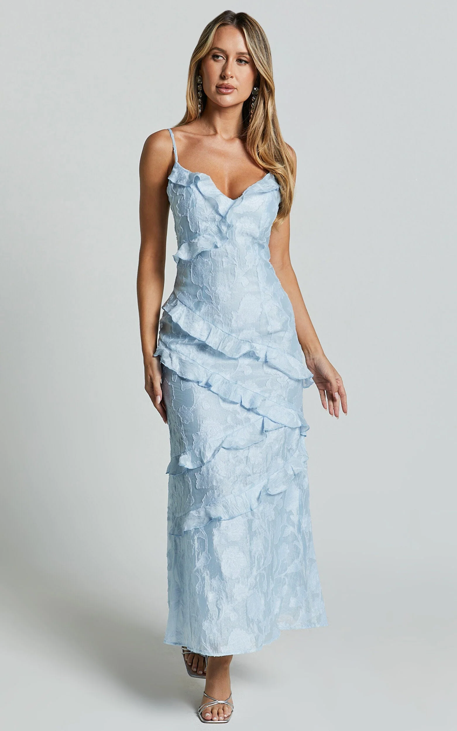 Michaela Midi Dress - Jacquard Ruffle Detail Tiered Dress in Light Blue