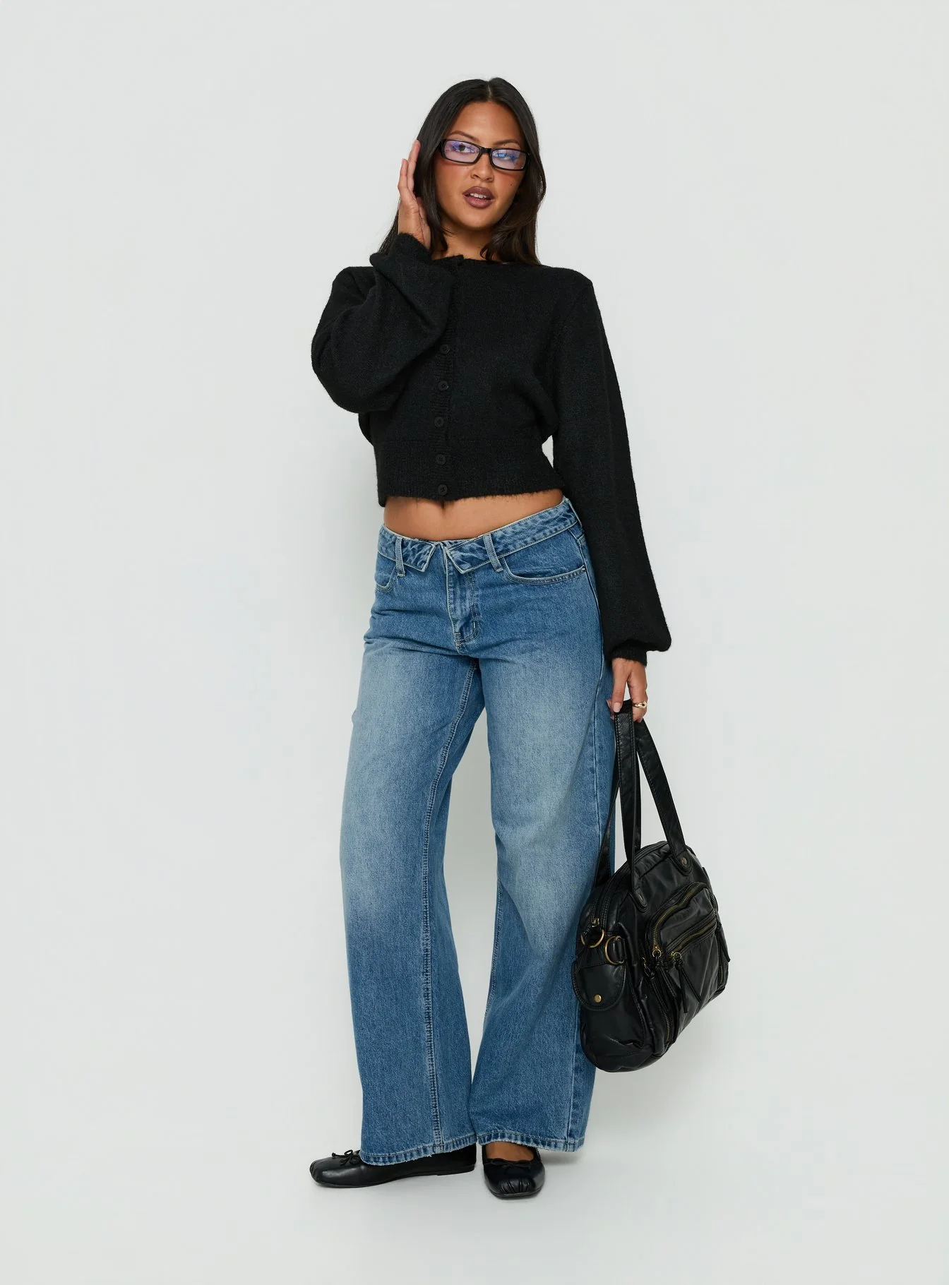 Serenitia Mid Rise Foldover Relaxed Jeans Vintage Mid Blue