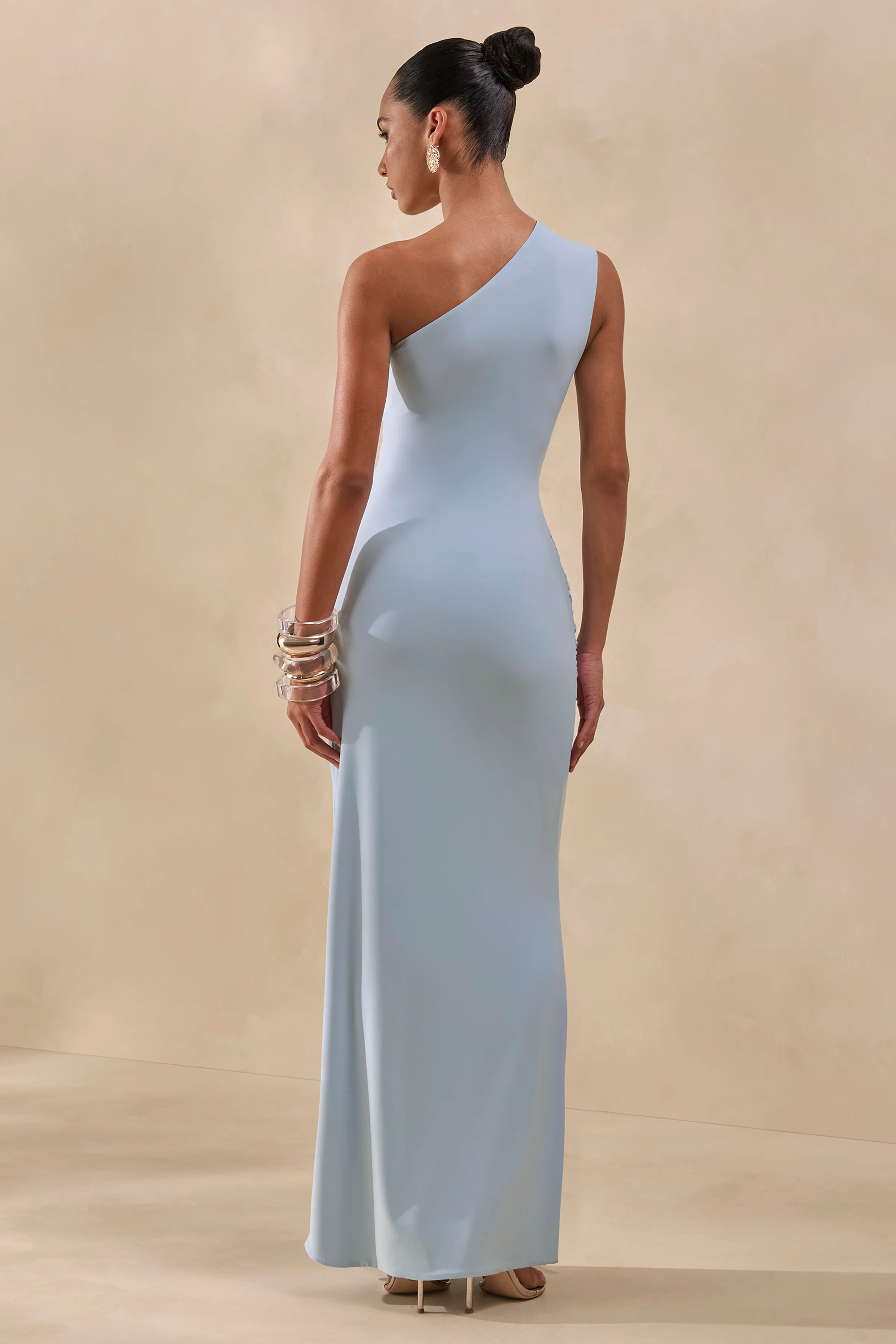 Lunoria | Powder Blue Asymmetric-Neck Maxi Dress With Gathered-Detailing