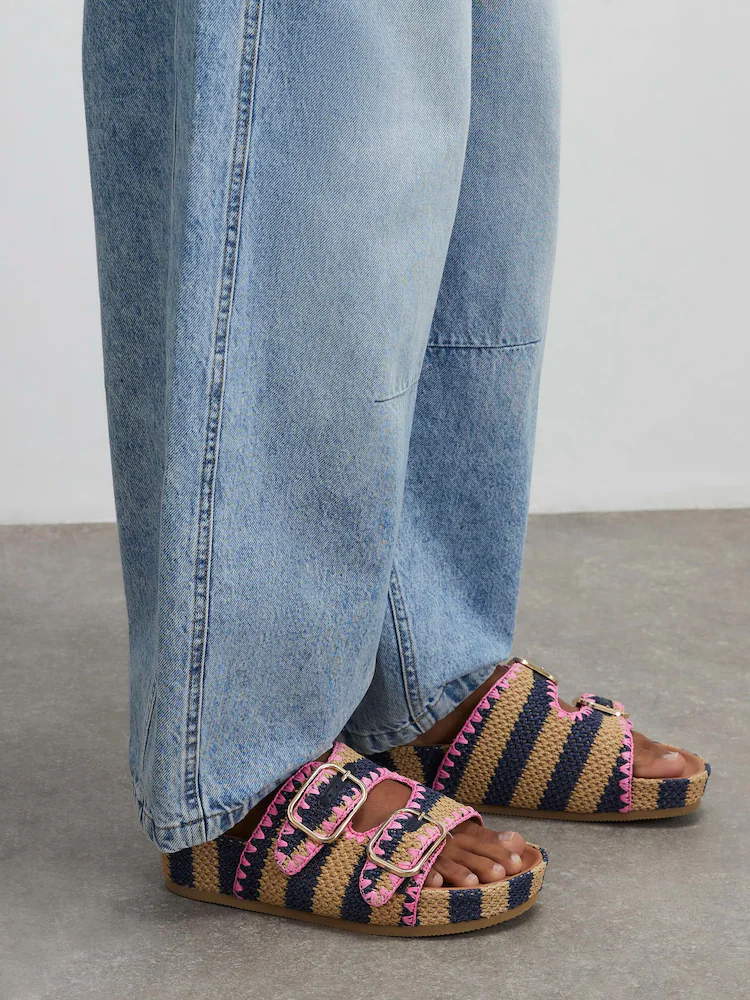 River Island Blue Stripe Raffia Footbed Sandals
