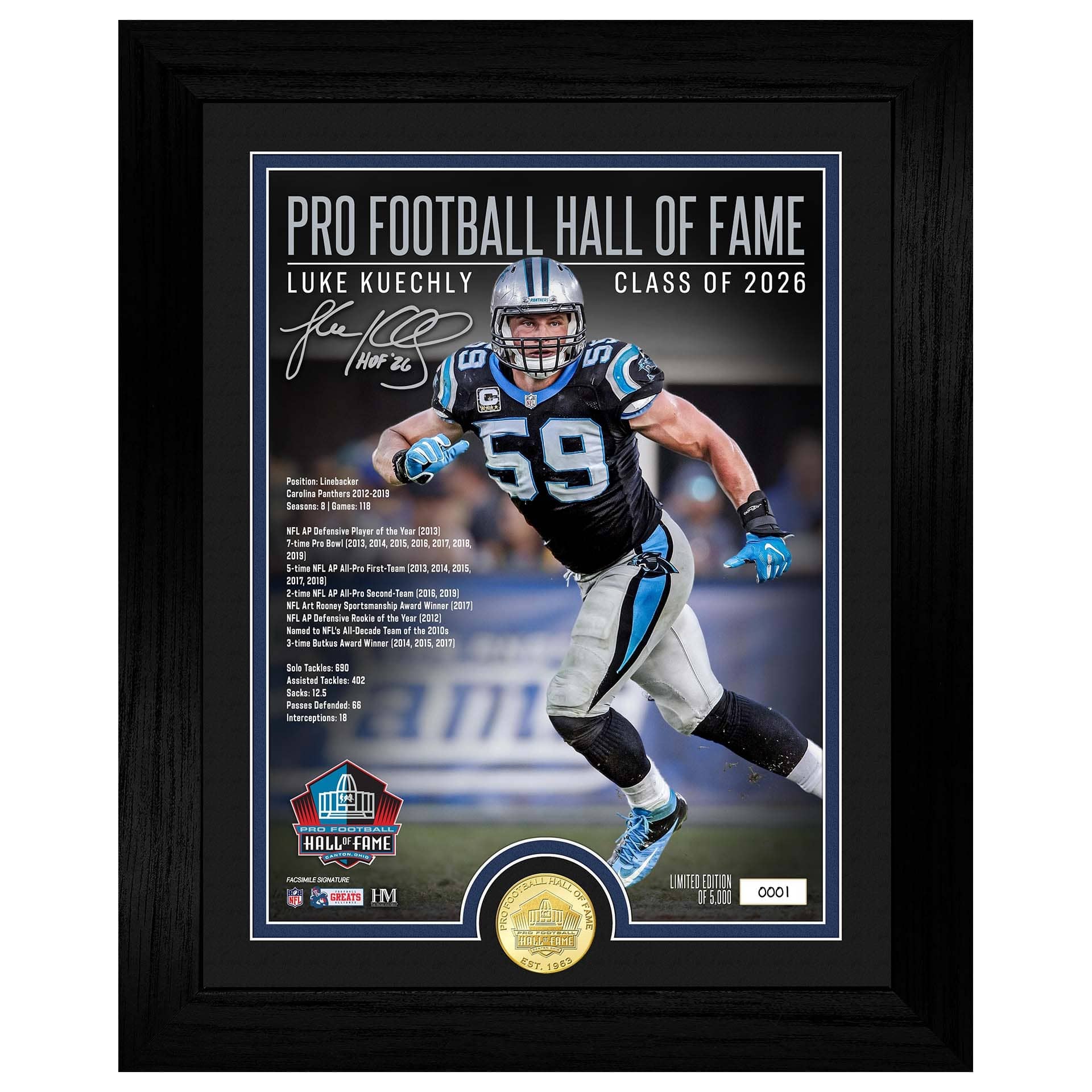 Luke Kuechly Carolina Panthers Hall of Fame Bronze Coin Framed NFL Photo