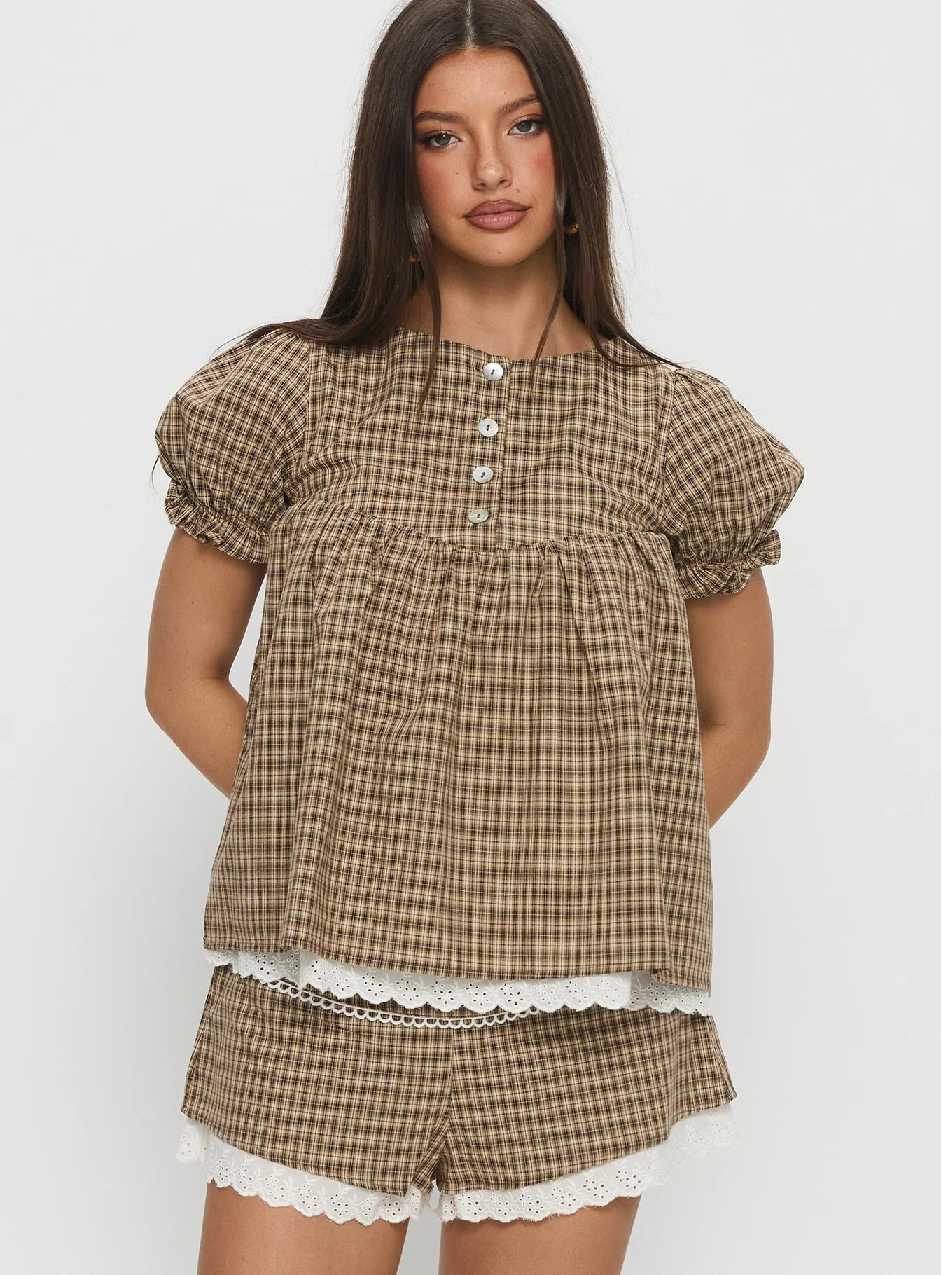 Chandelier Babydoll Top Brown Check