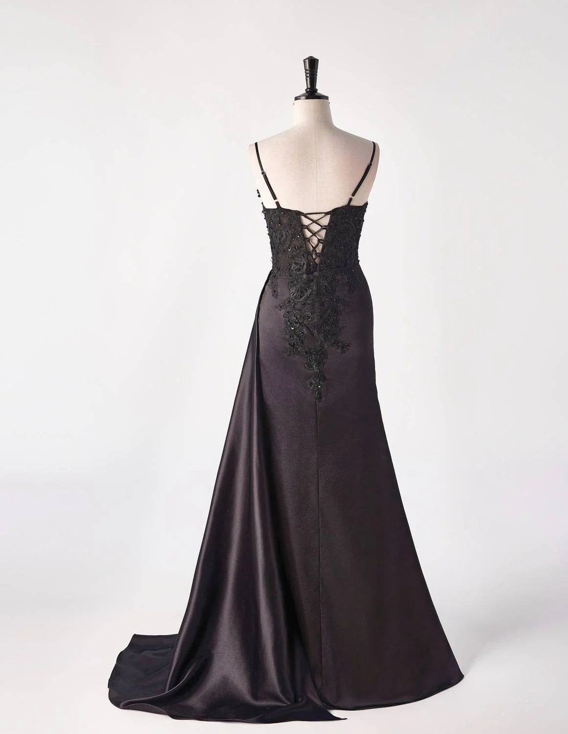 Black Satin Appliques Mermaid Long Dress with Slit
