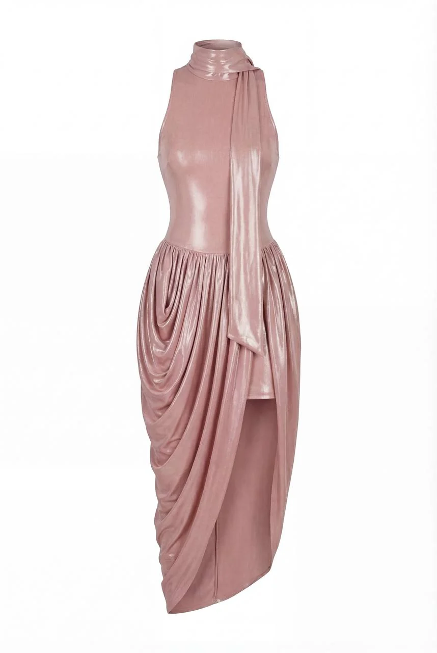 Dress with Halter Neck and Wet Effect