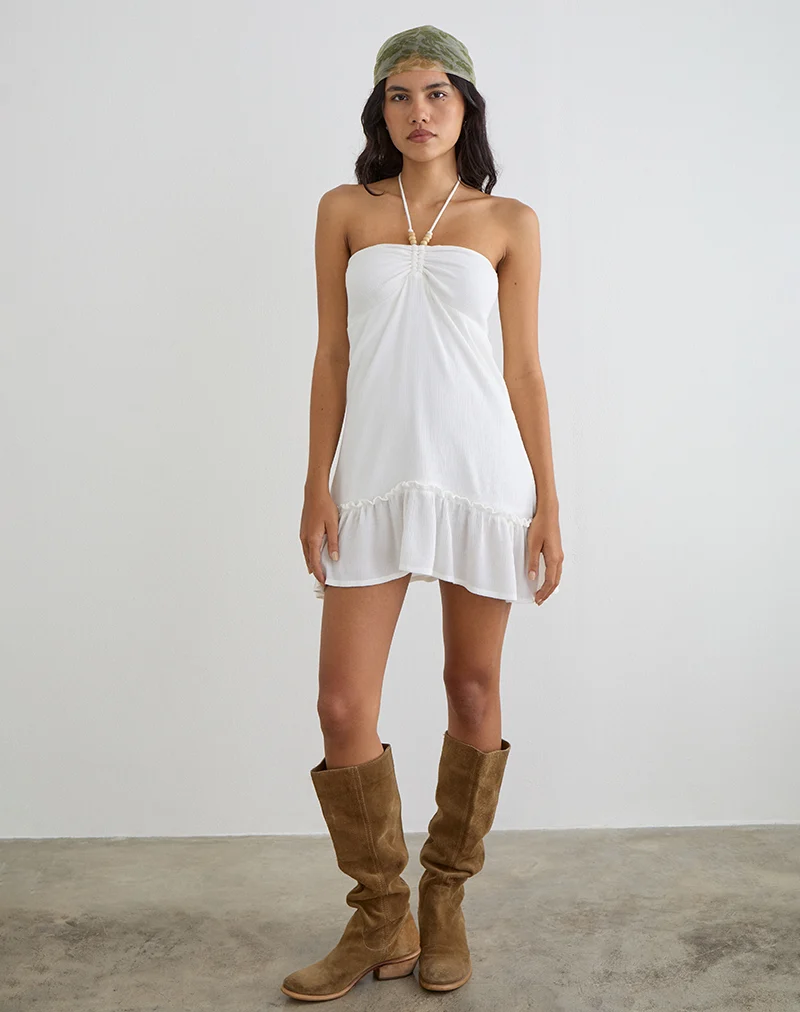 Yvelise Mini Dress in Crinkle Off White with Beads