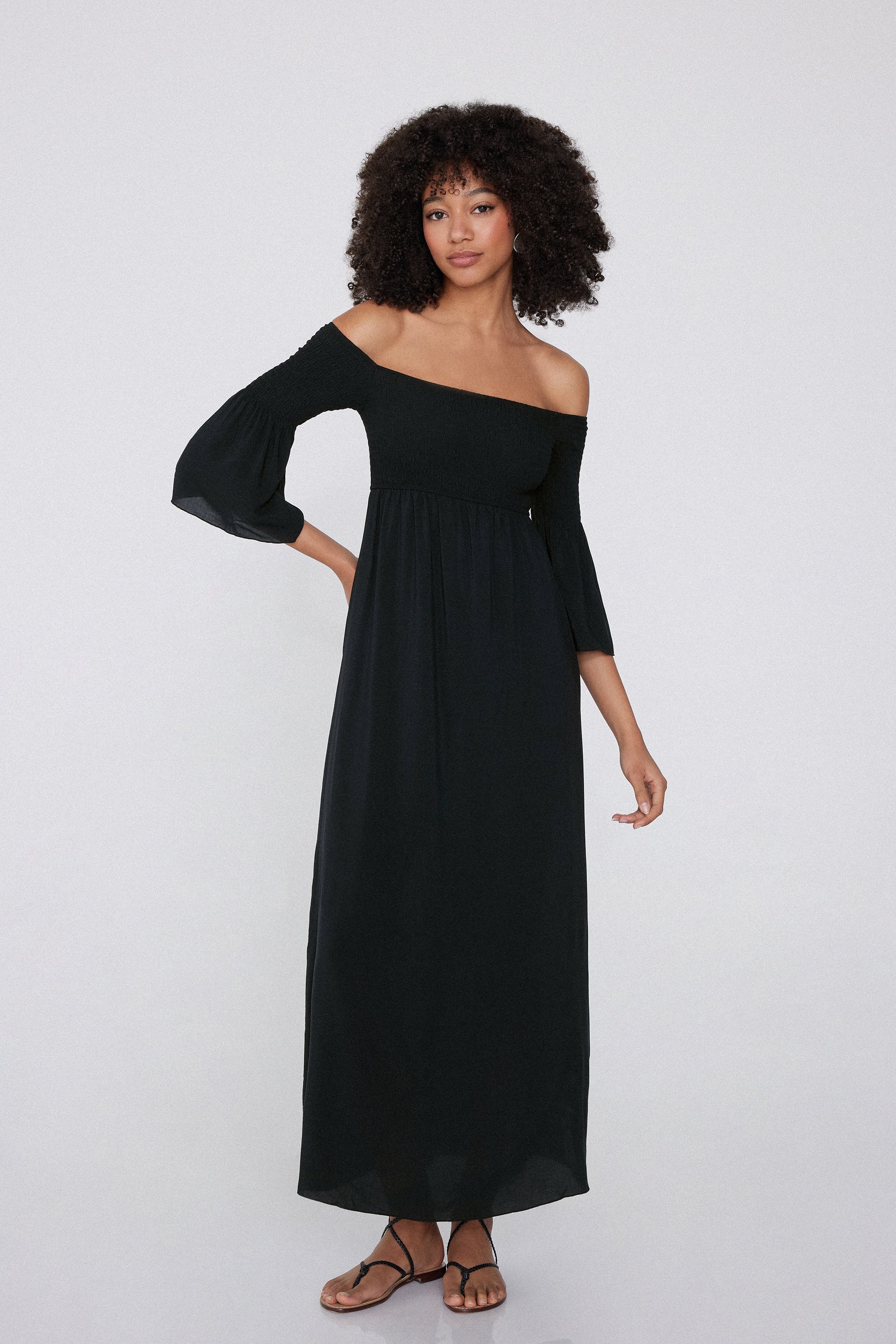 Long Stitched-Smock Off-The-Shoulder Dress