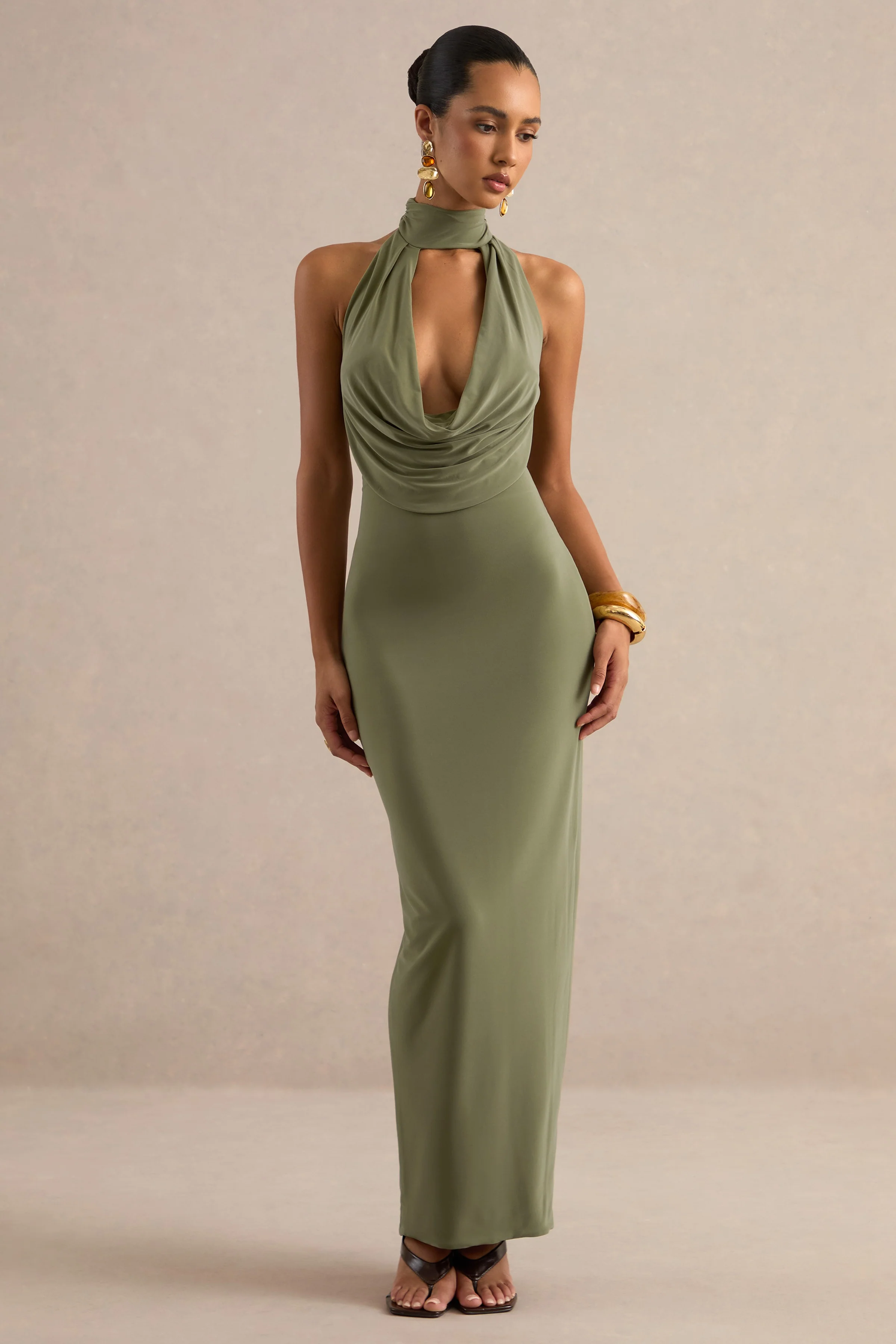 Lucianae | Olive Jersey Cowl Maxi Dress With Open Back And Back Split