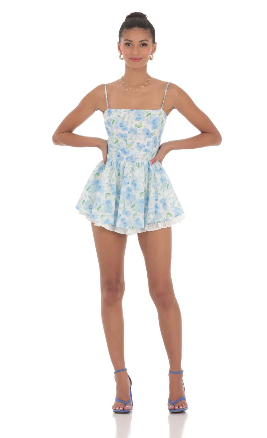 Blue Floral Ruffle Romper in White