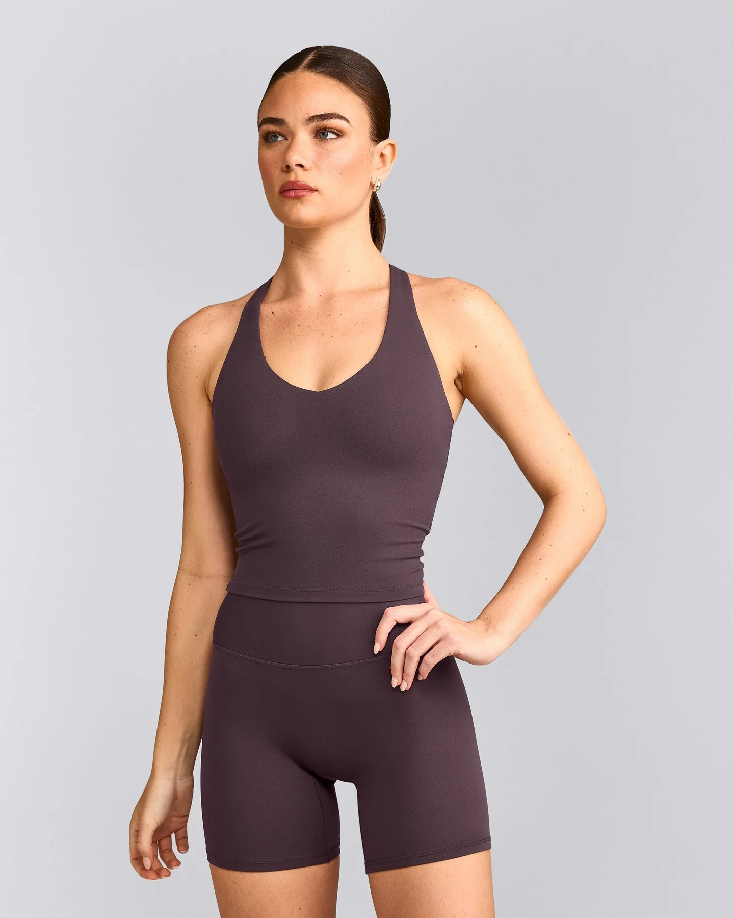 SoftMotion™ Racer Back Mid Vest with Built in Bra Shelf with Grey Logo | Dark Umber Brown