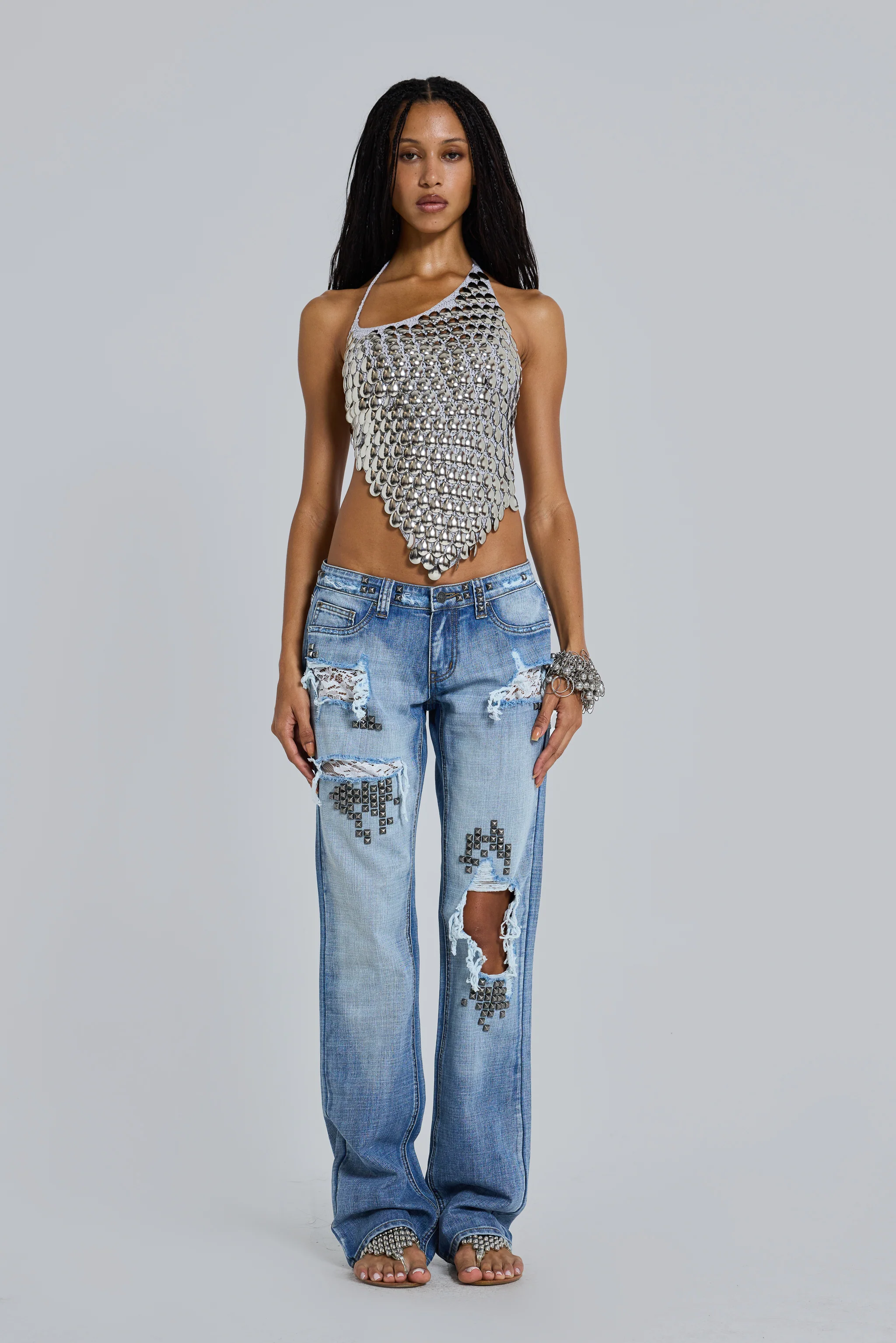 Tori Distressed Lace Low Rise Straight Leg Jeans in Light Wash