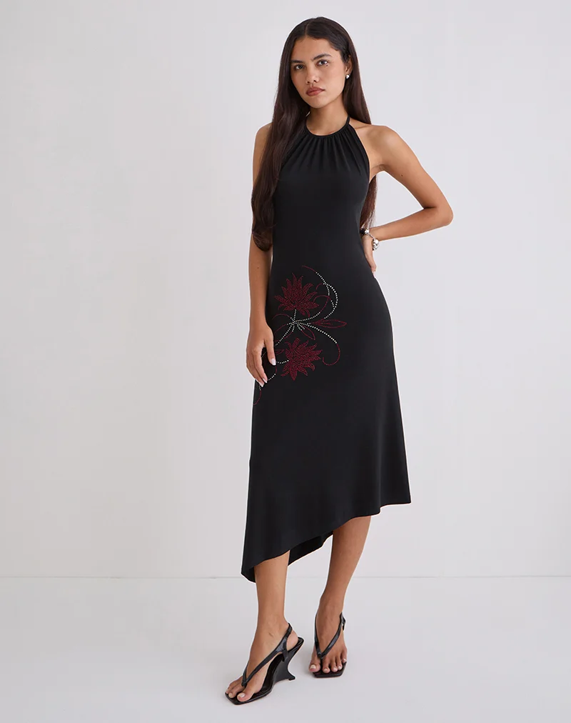 Zavine Midi Dress in Cupro Diamante Flower Black