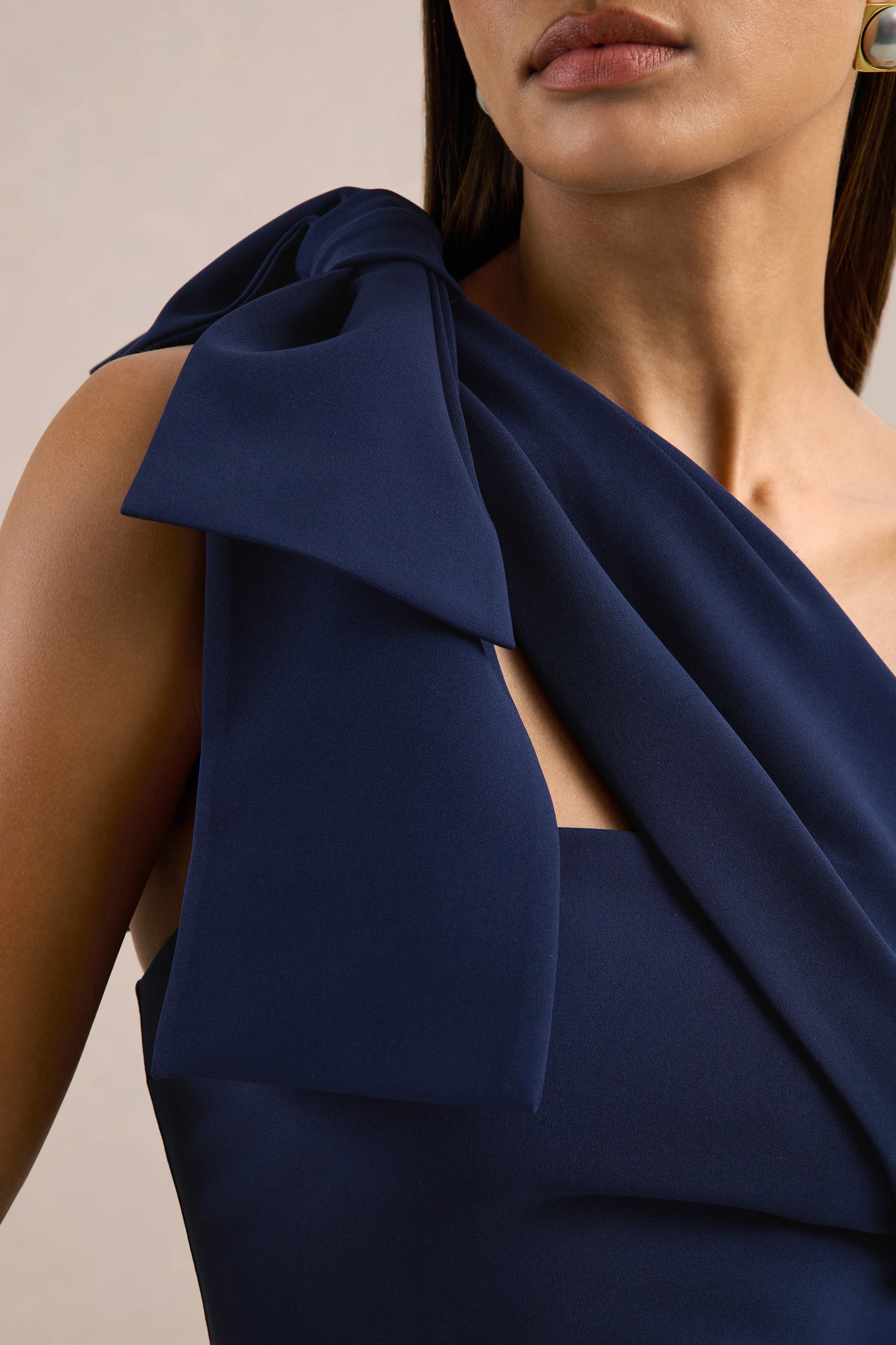 Adara | Navy One Shoulder Maxi Dress With Back Split and Bow Detail