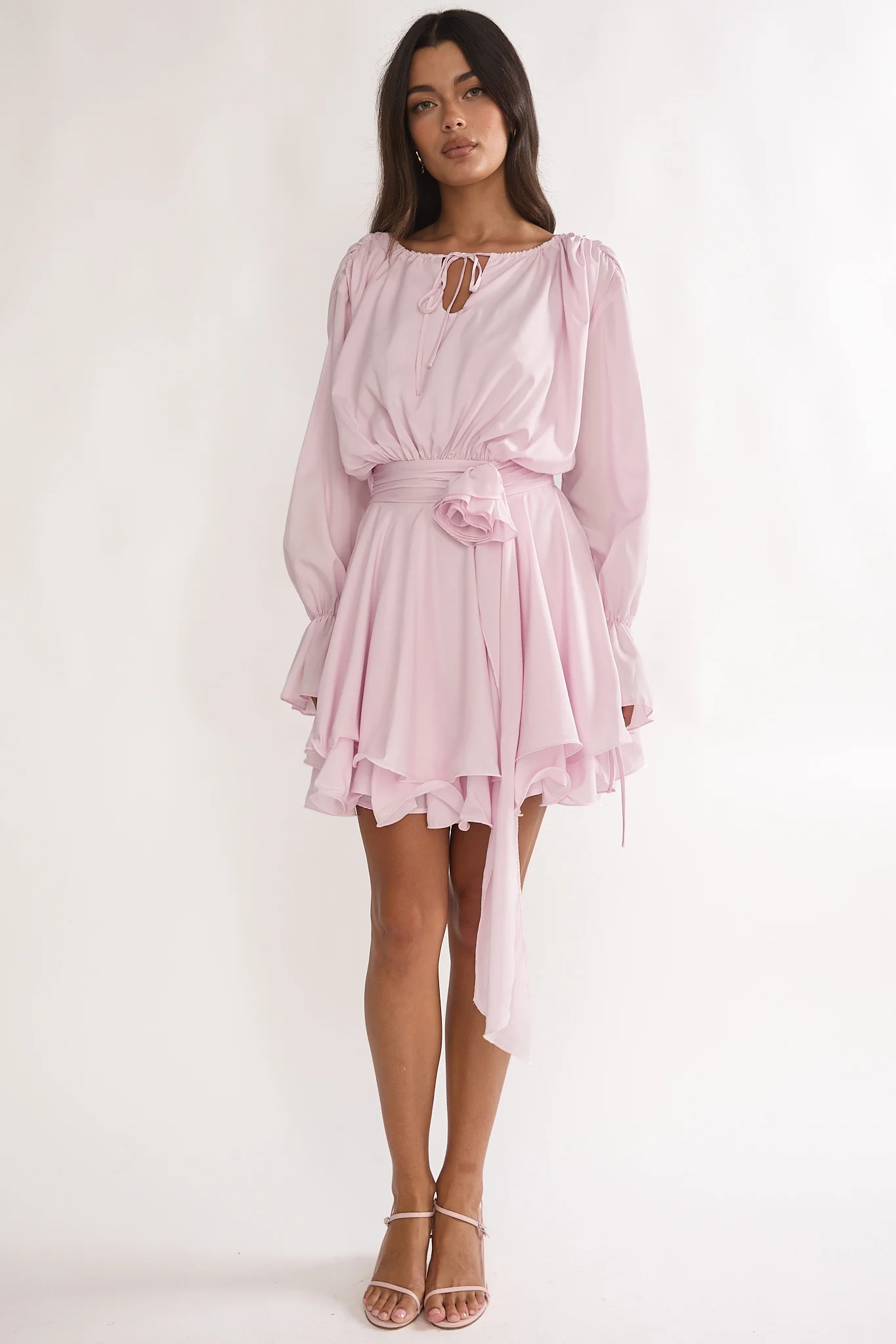 Maeva Long Balloon Sleeve Rosette Mini Dress Baby Pink