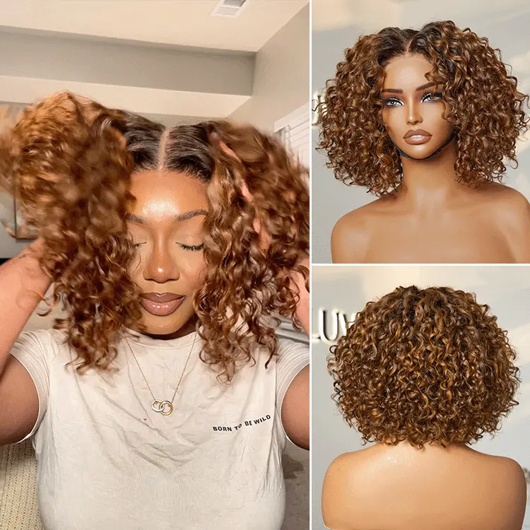 Warm Caramel Brown / Natural Black / Blonde Highlight Deep Curly Glueless 5x5 Closure Pre-Cut Lace Wig
