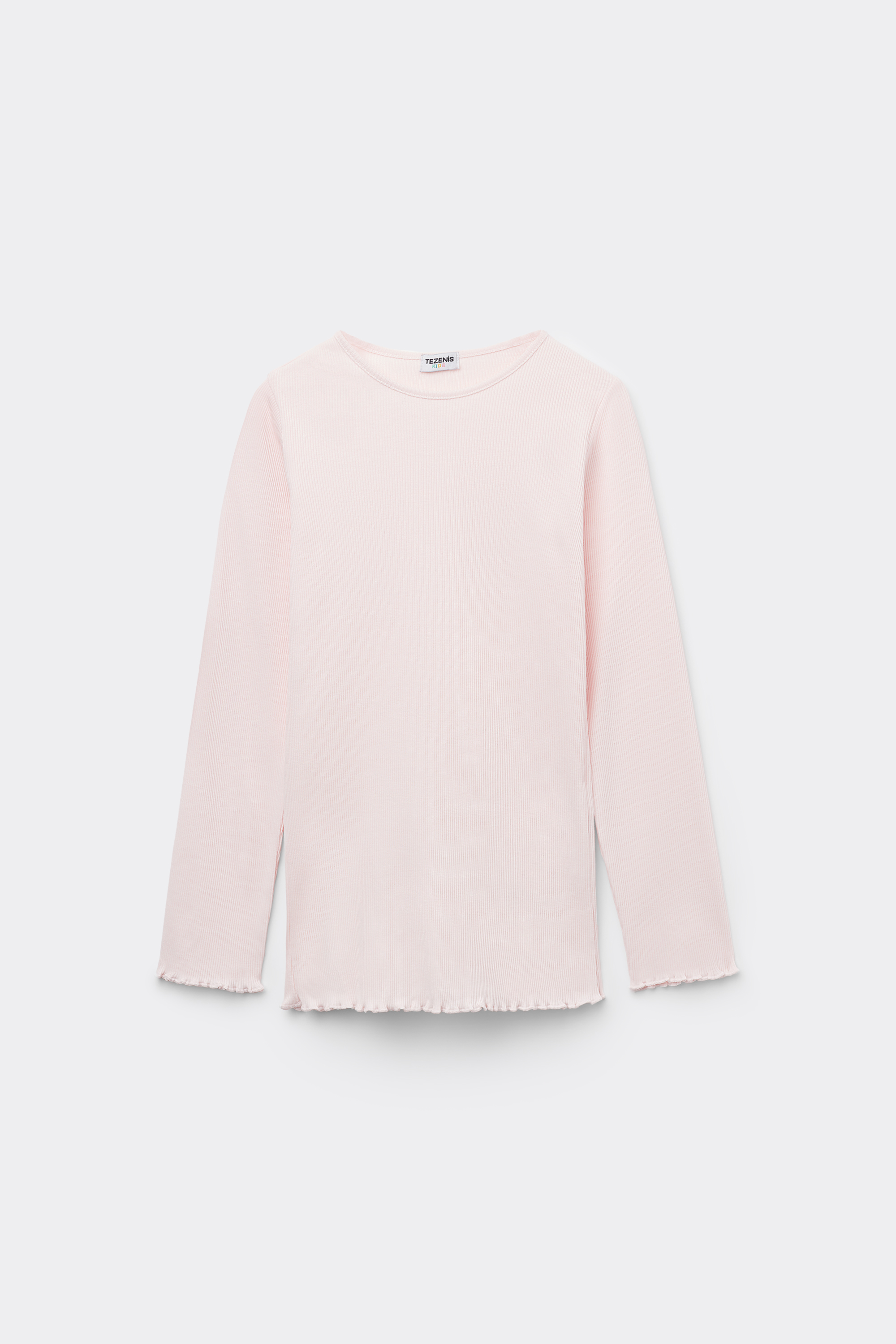 Girls’ Long Sleeve Ribbed Round-Neck Top with Rolled Hem
