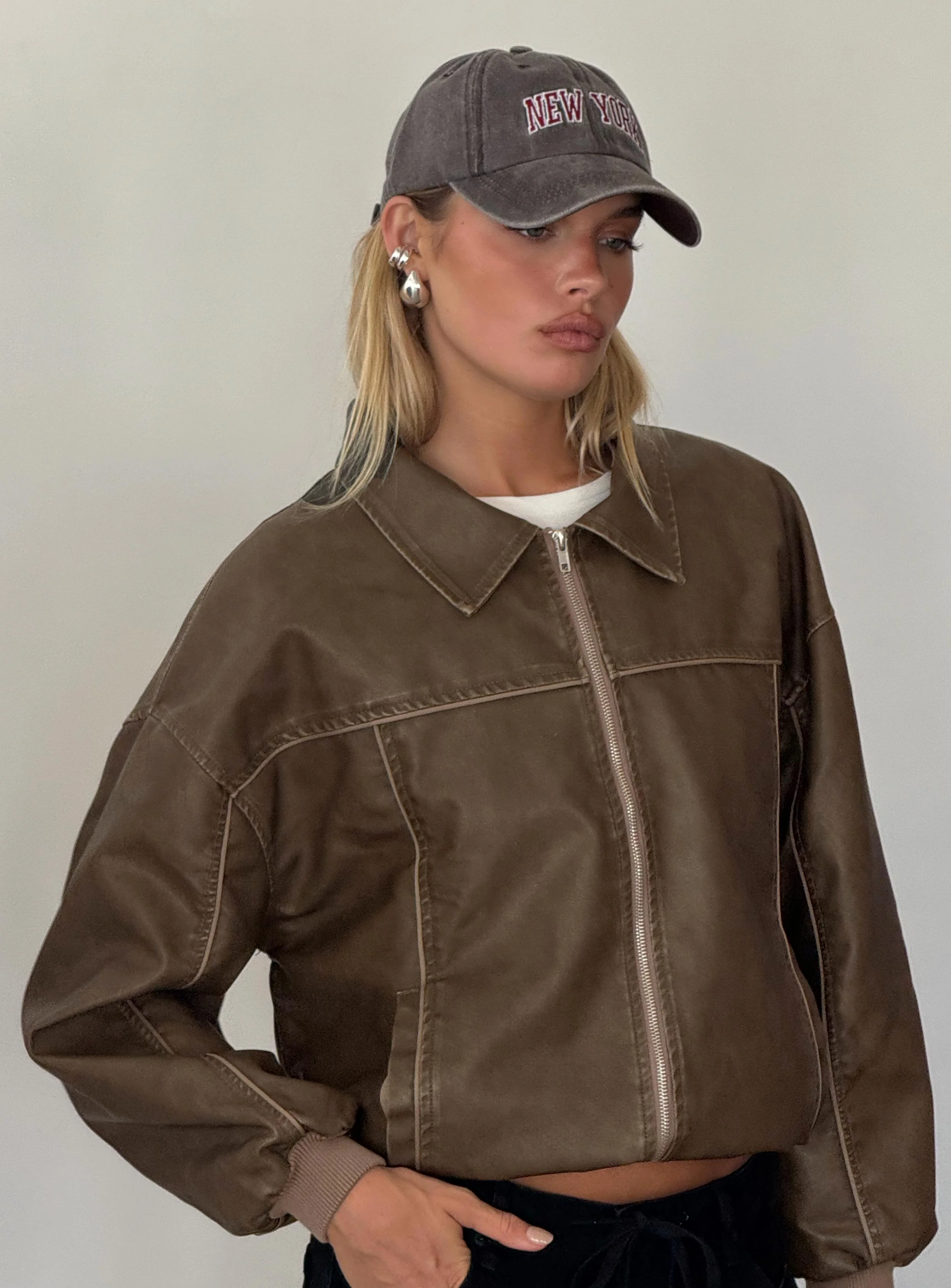 Goldsmith Faux Leather Bomber Jacket Washed Dark Brown