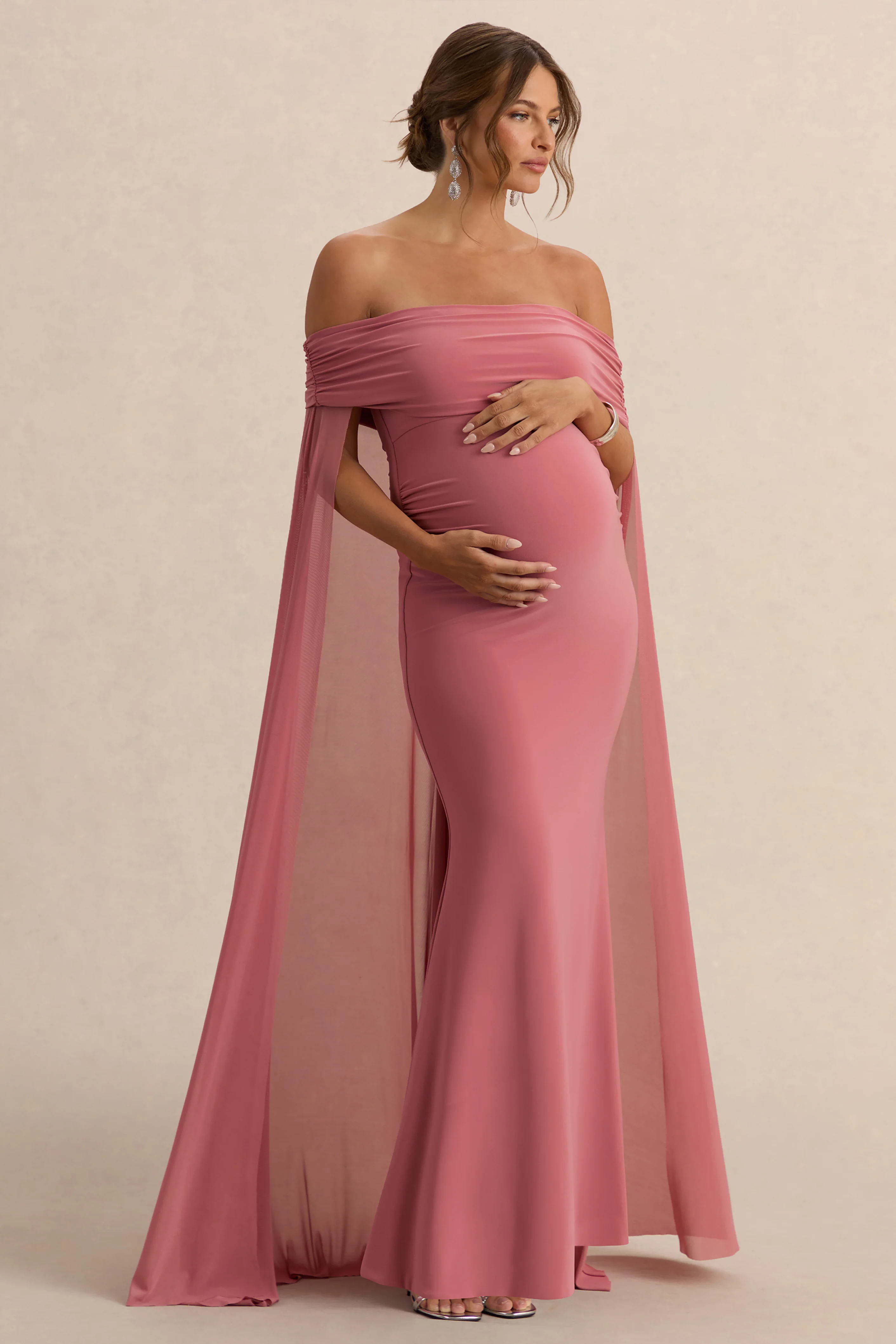 Carlotta | Blush Pink Bardot Maternity Maxi Dress With Chiffon Cape