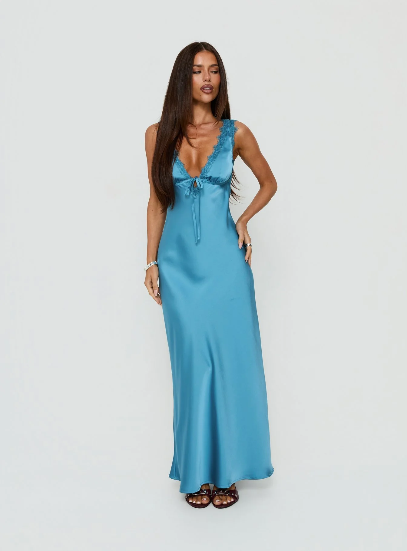 Damelia Tie Detail Lace Trim Maxi Dress Blue