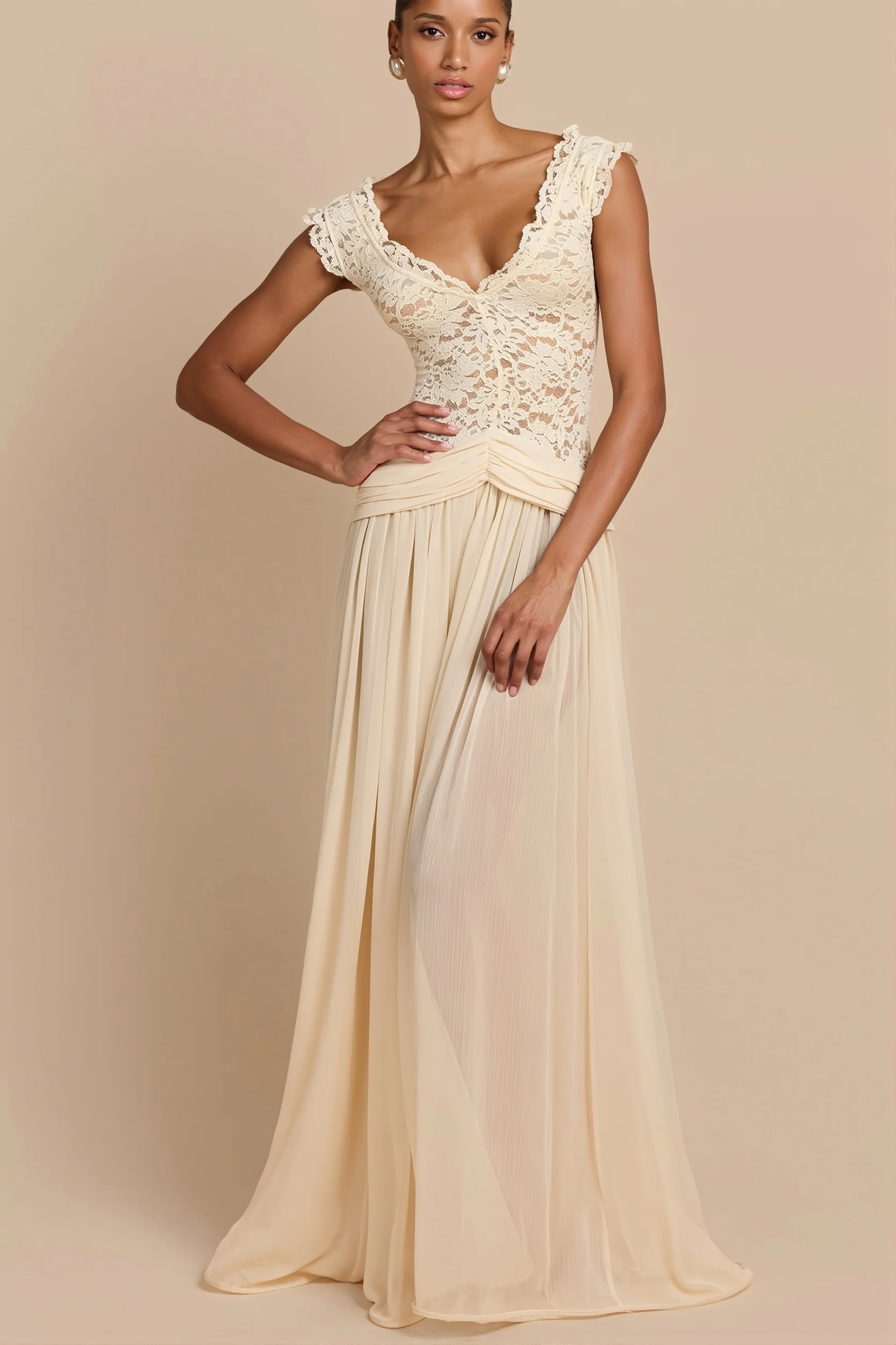 Sheer Lace V Neck Elegant Maxi Dress