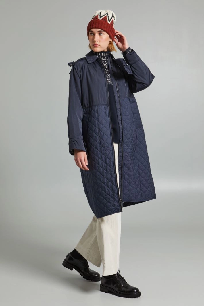Long padded coat with belt - BLUE