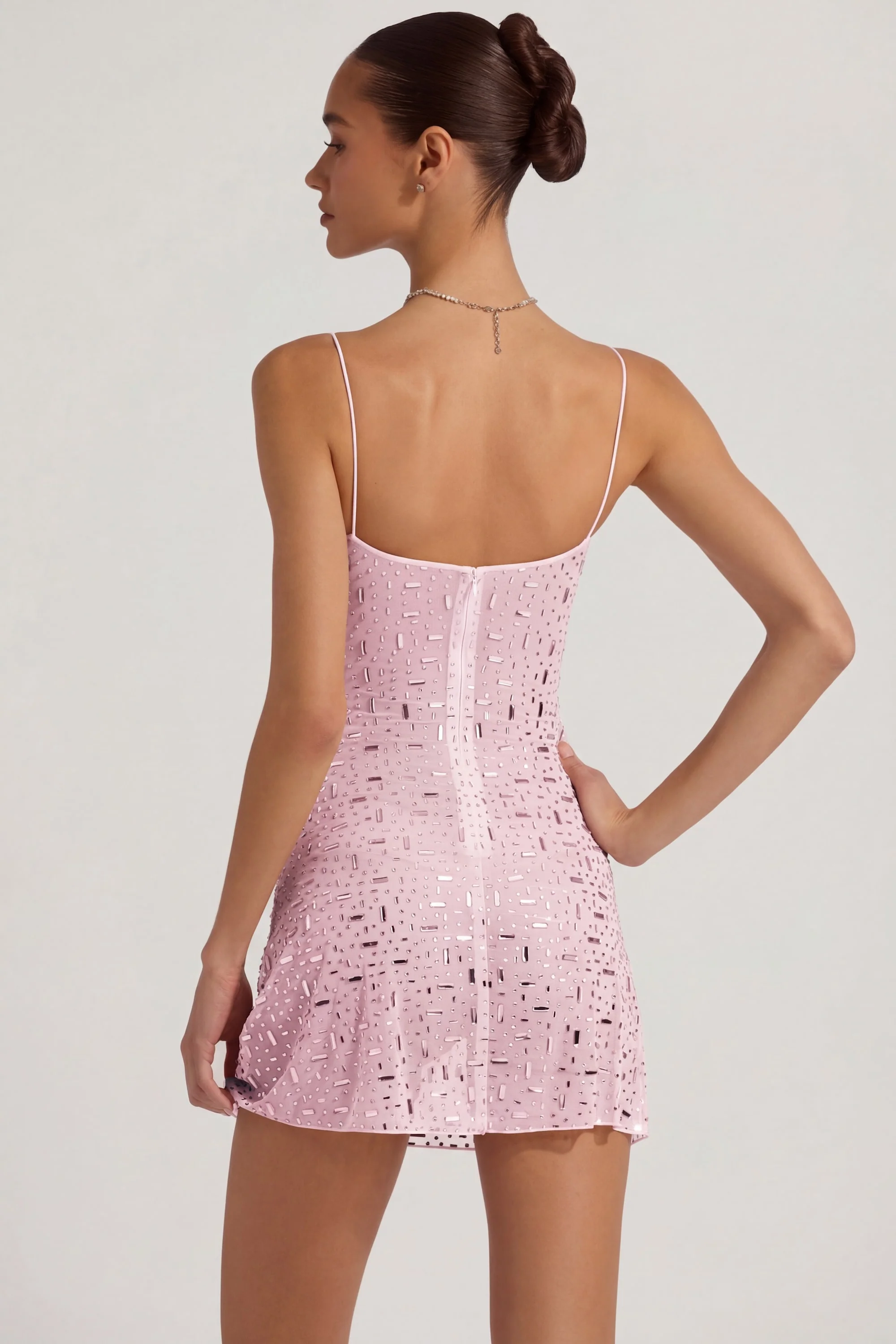 Sheer Embellished Square-Neck Mini Dress in Pink