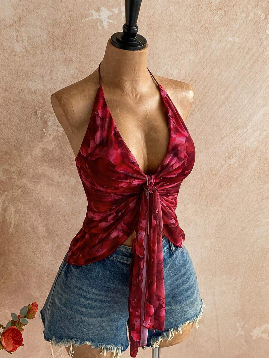 Soleia Party Top Beach Summer Vacation Valentine Holiday Carnival Women Holiday Casual Red Top Y2K Floral Print Tie Front Halter Neck Camisole Top