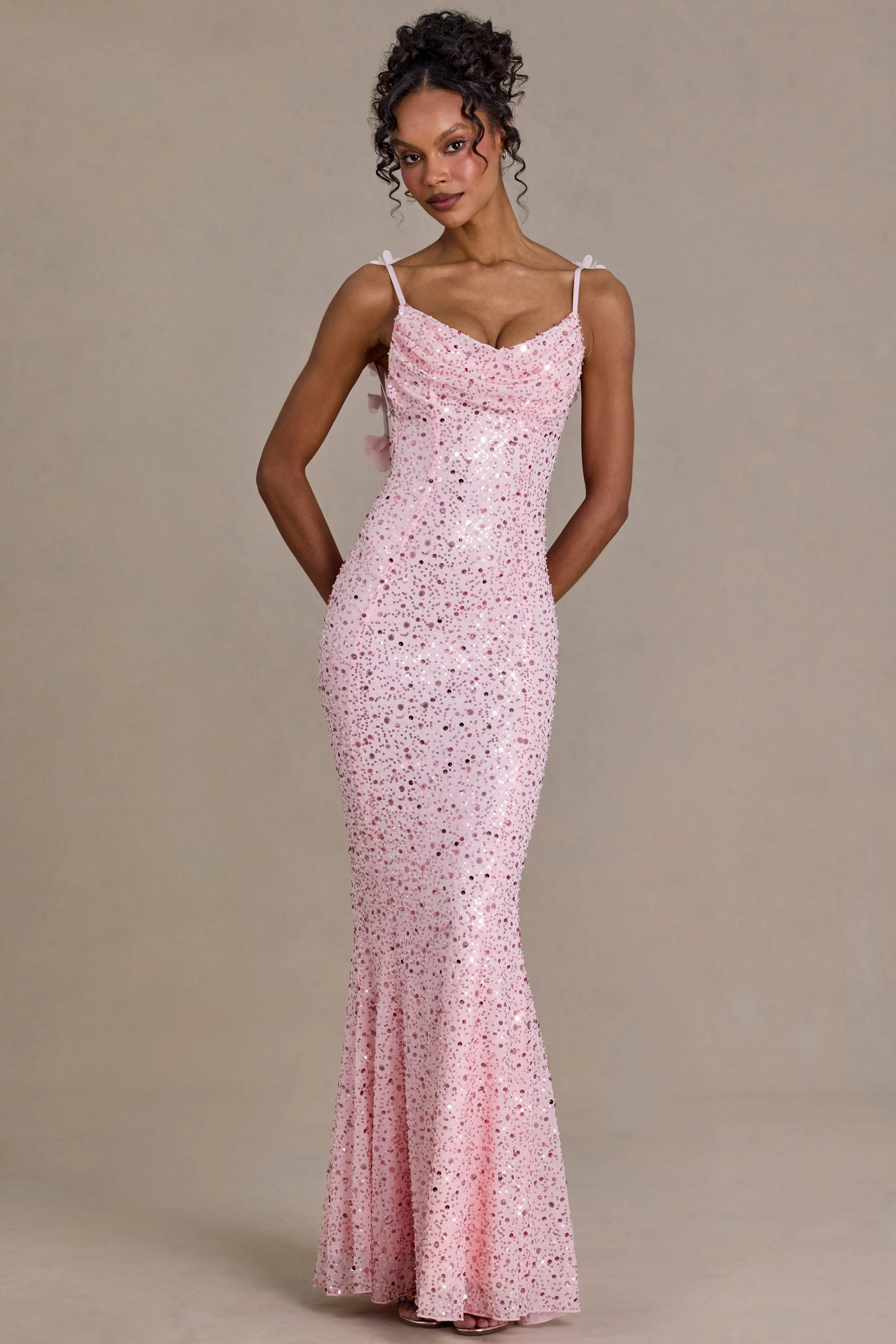 Embellished Open-Back Maxi Dress in Baby Pink
