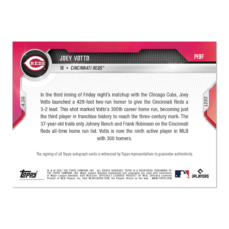 On-Card Auto # to 1 - Joey Votto - 2021 MLB TOPPS NOW® Card 149F