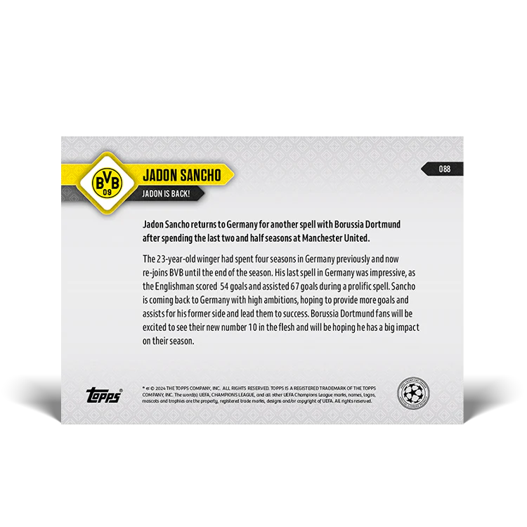 Topps UK - Jadon Sancho - Jadon is back! - UCL TOPPS NOW® Card #88