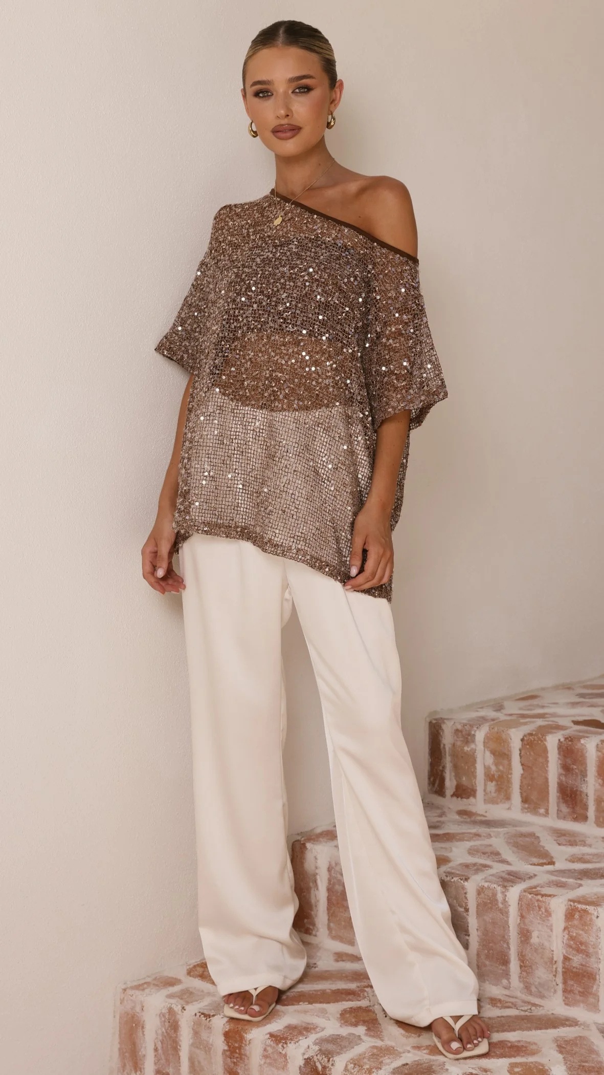 Zinnie Sequins Off Shoulder Top - Mocha