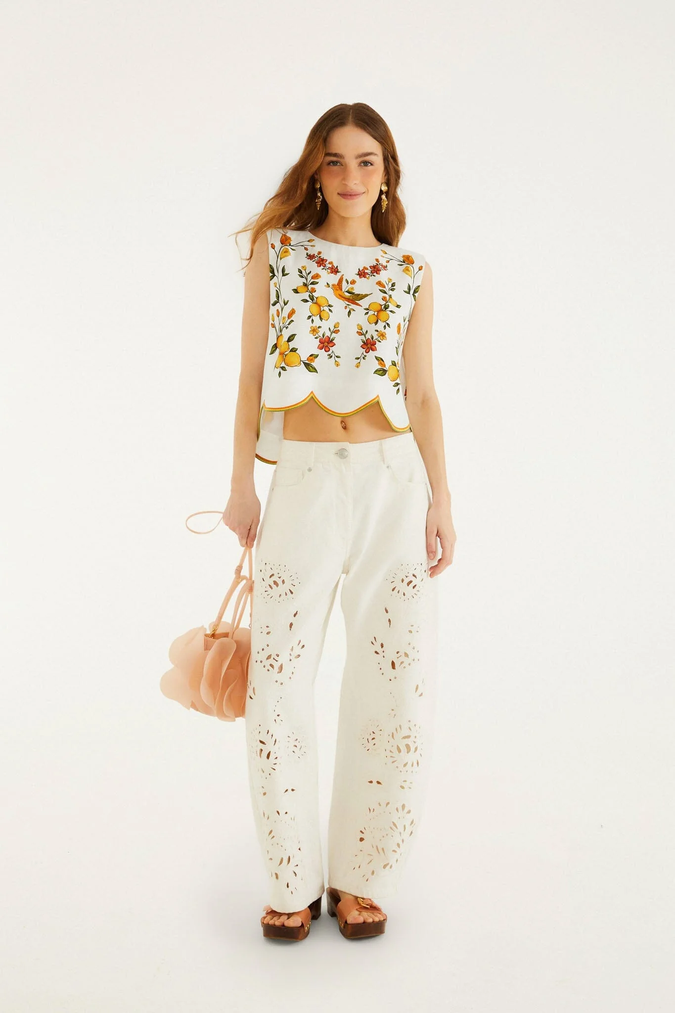 Off-White Lemon Bouquet Wavy Hem Sleeveless Blouse