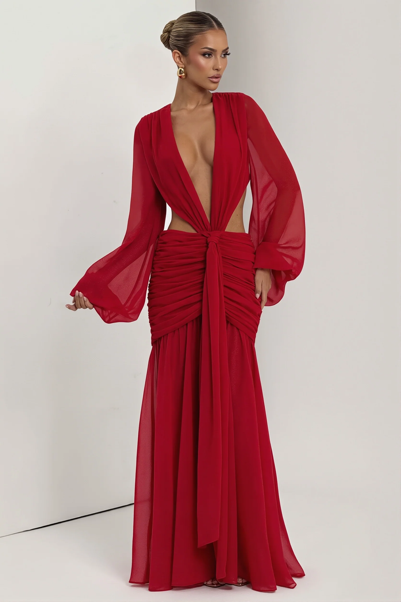 Chiffon Sheer Long Sleeve Cutout Maxi Dress