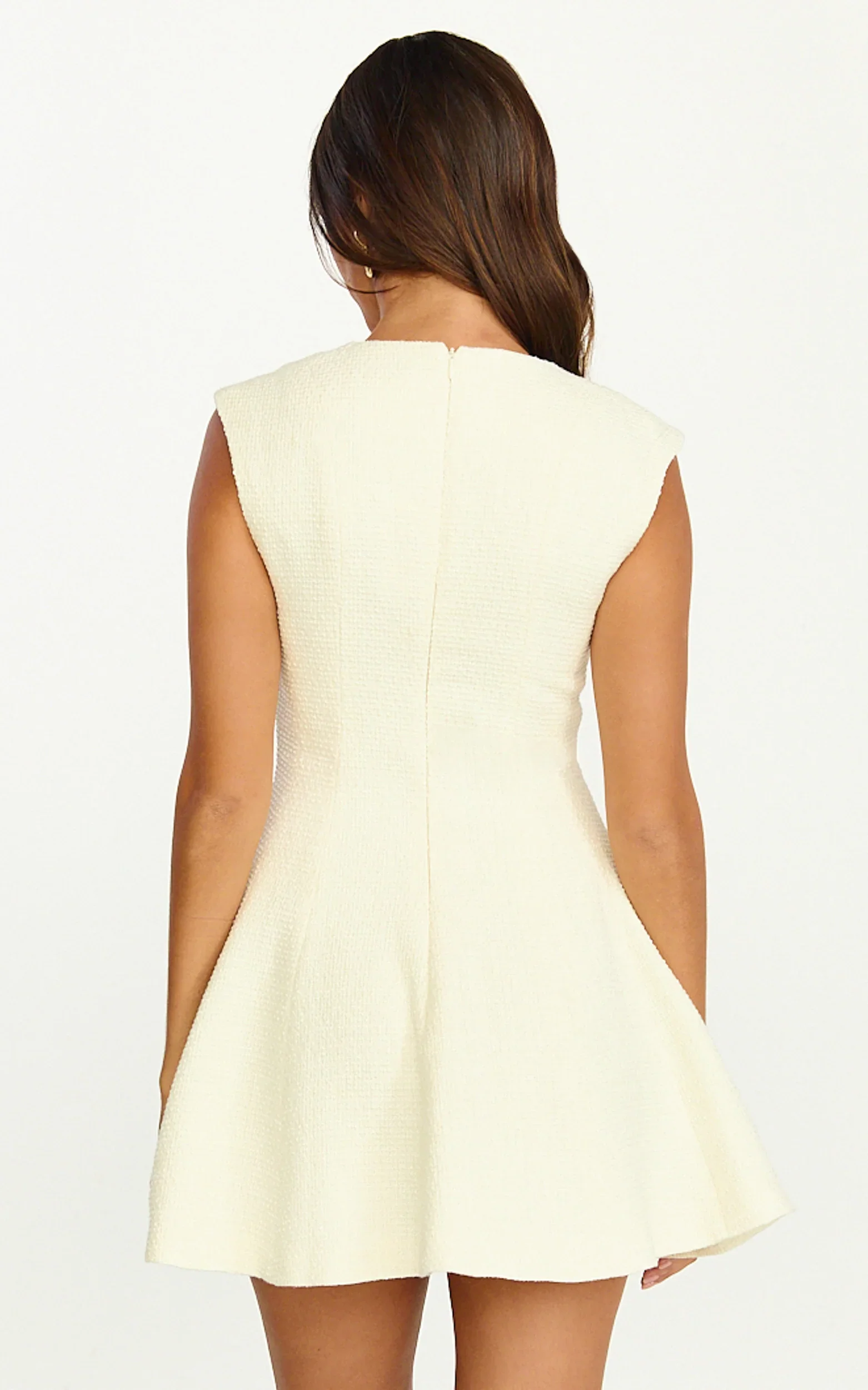 Nelson Mini Dress - Low Cut Boucle Fit & Flare Mini Dress in Cream