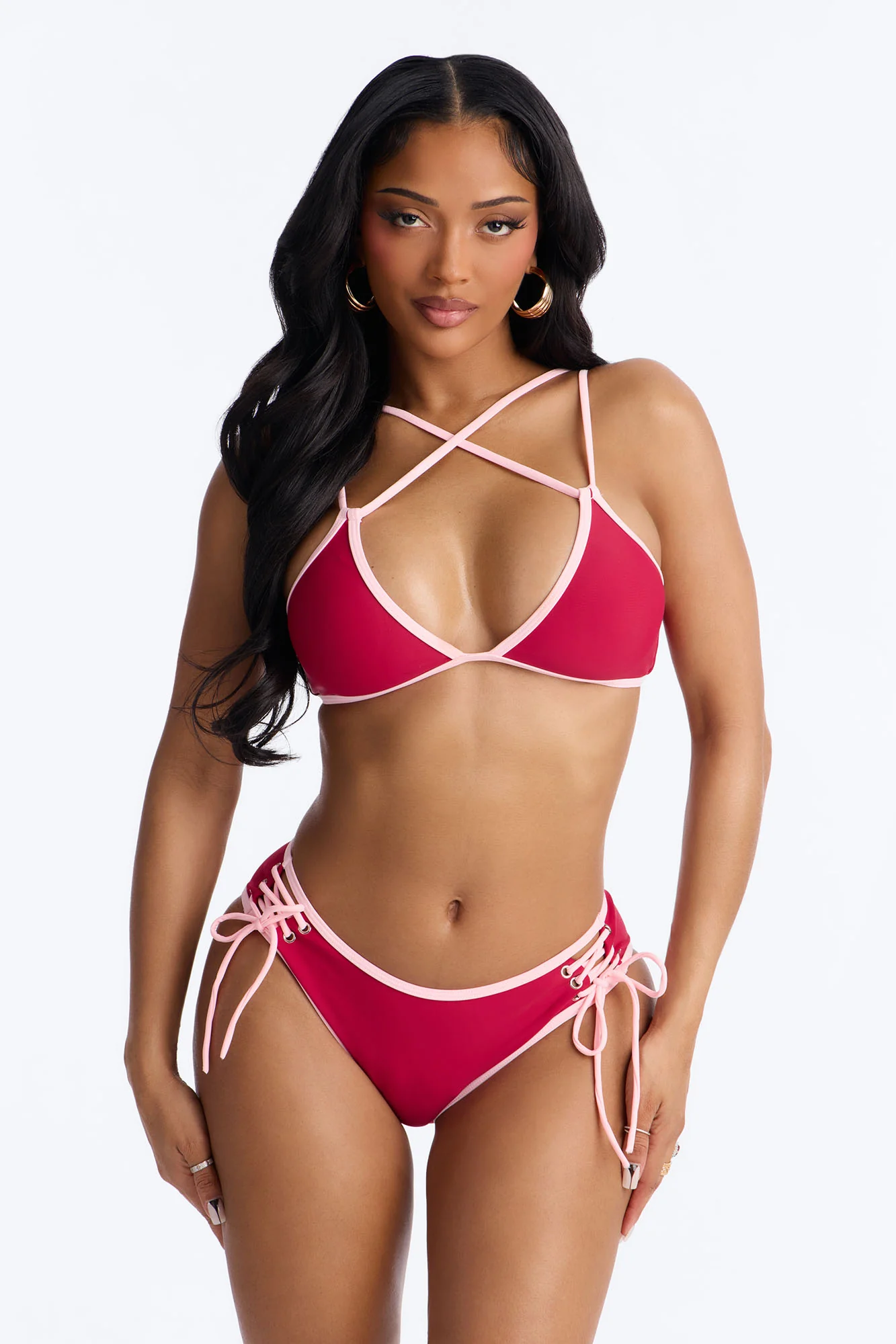 Tropical Tea Underwire Contrast Criss Cross Lace Up 2 Piece Bikini - Burgundy/combo