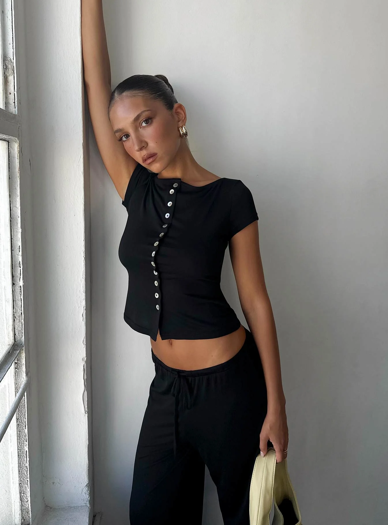 Angellina Jersey Button Down Top Black
