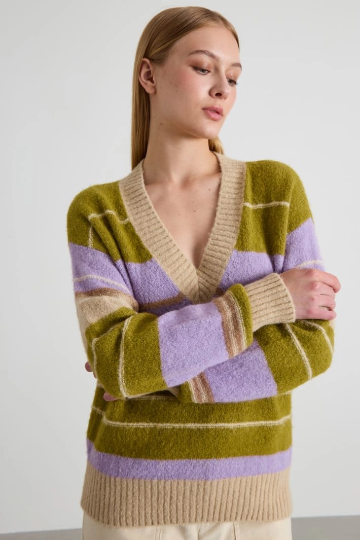 Alpaca and cotton V-neck sweater - GREEN LILAC