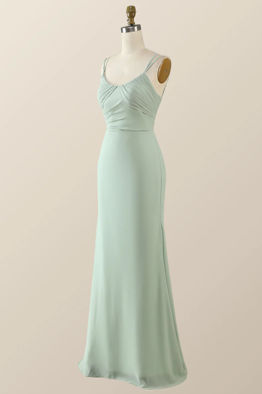 Scoop Mint Green Chiffon Pleated Long Bridesmaid Dress