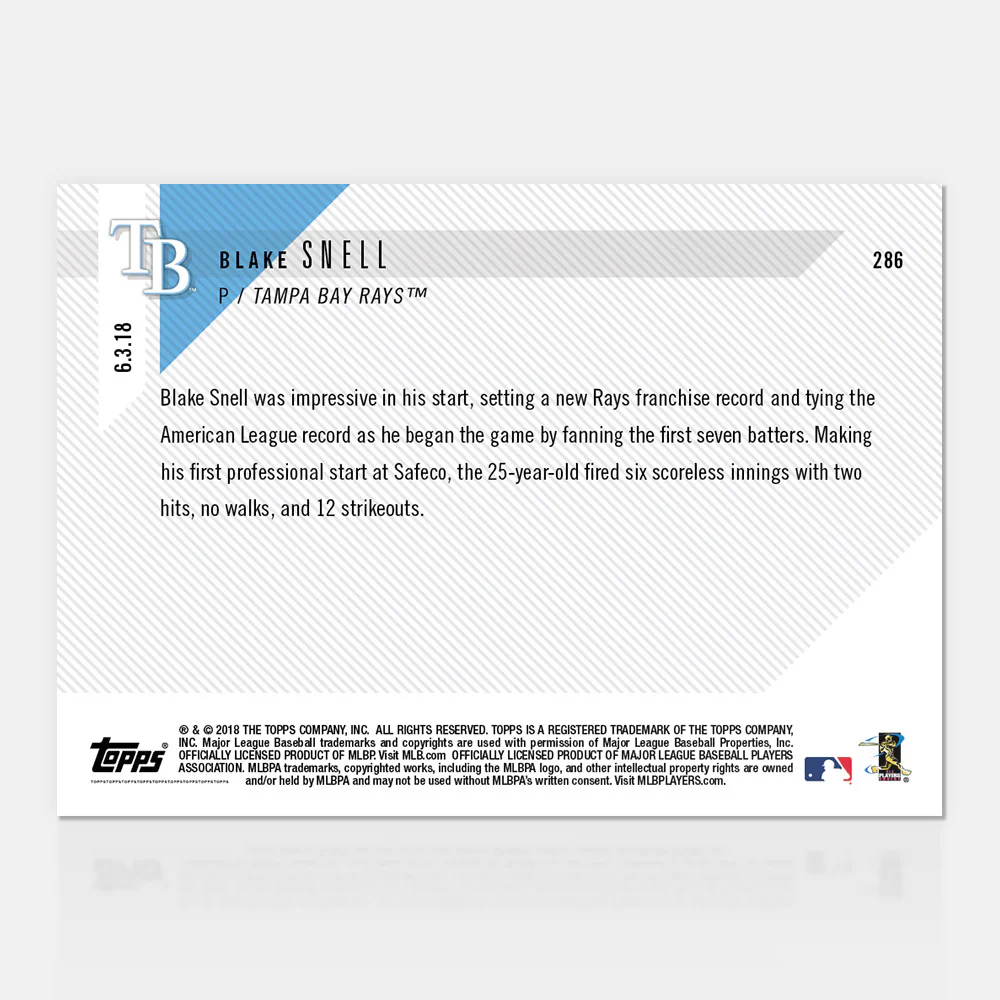 Blake Snell - 06/03/2018 TOPPS NOW® Card 286 - Print Run: 187