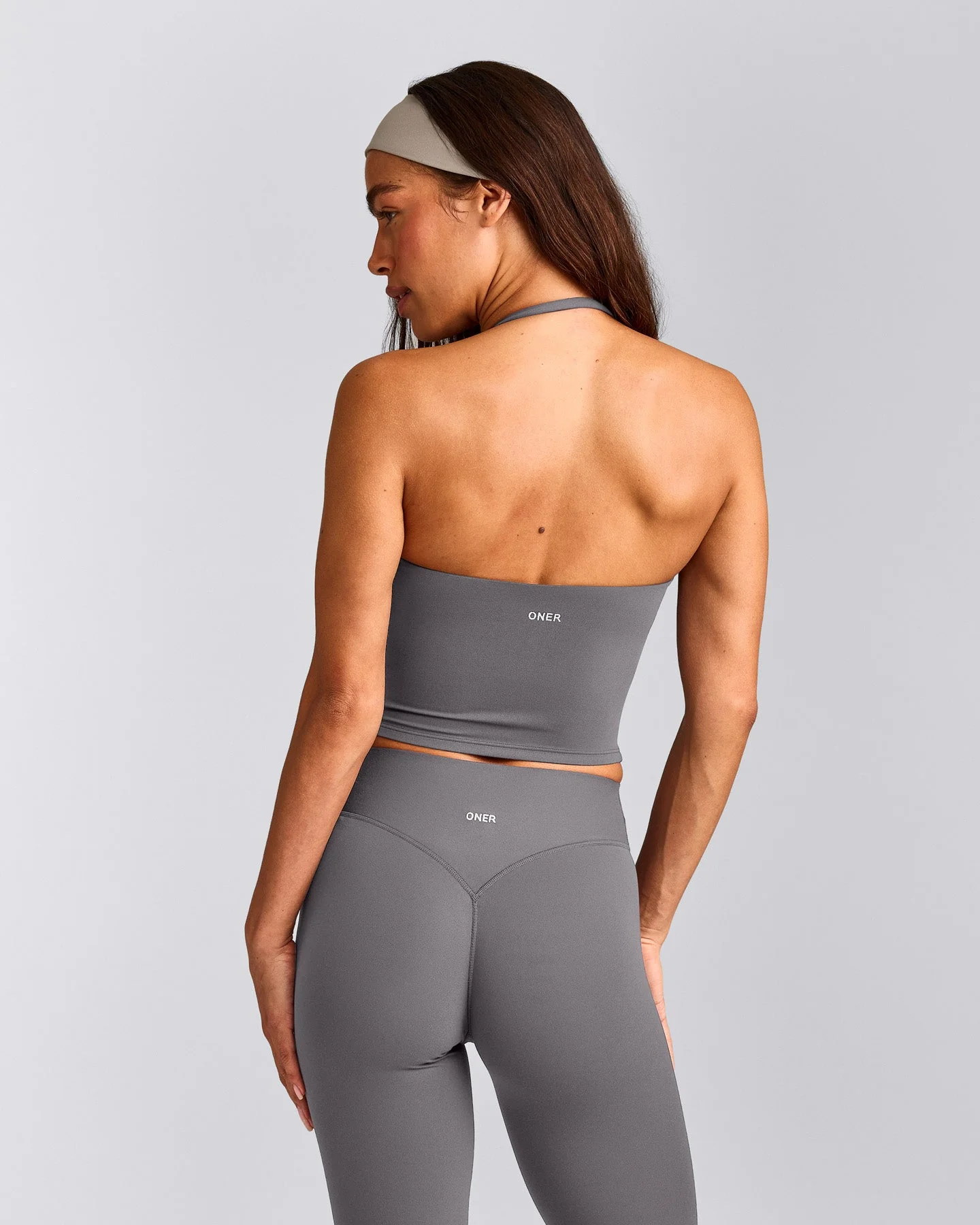 SoftMotion™ Strappy Halter Neck Mid Vest with Built in Bra Shelf with Grey Logo | Ash Grey