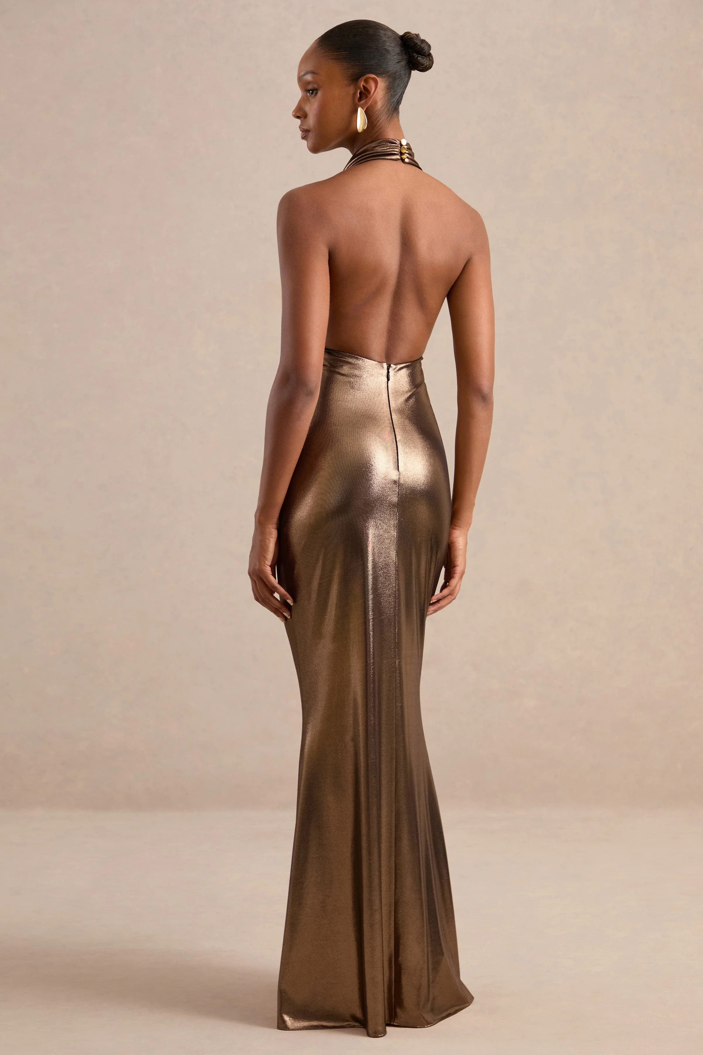 Melitta | Gold Metallic Cowl Maxi Dress With Open Back